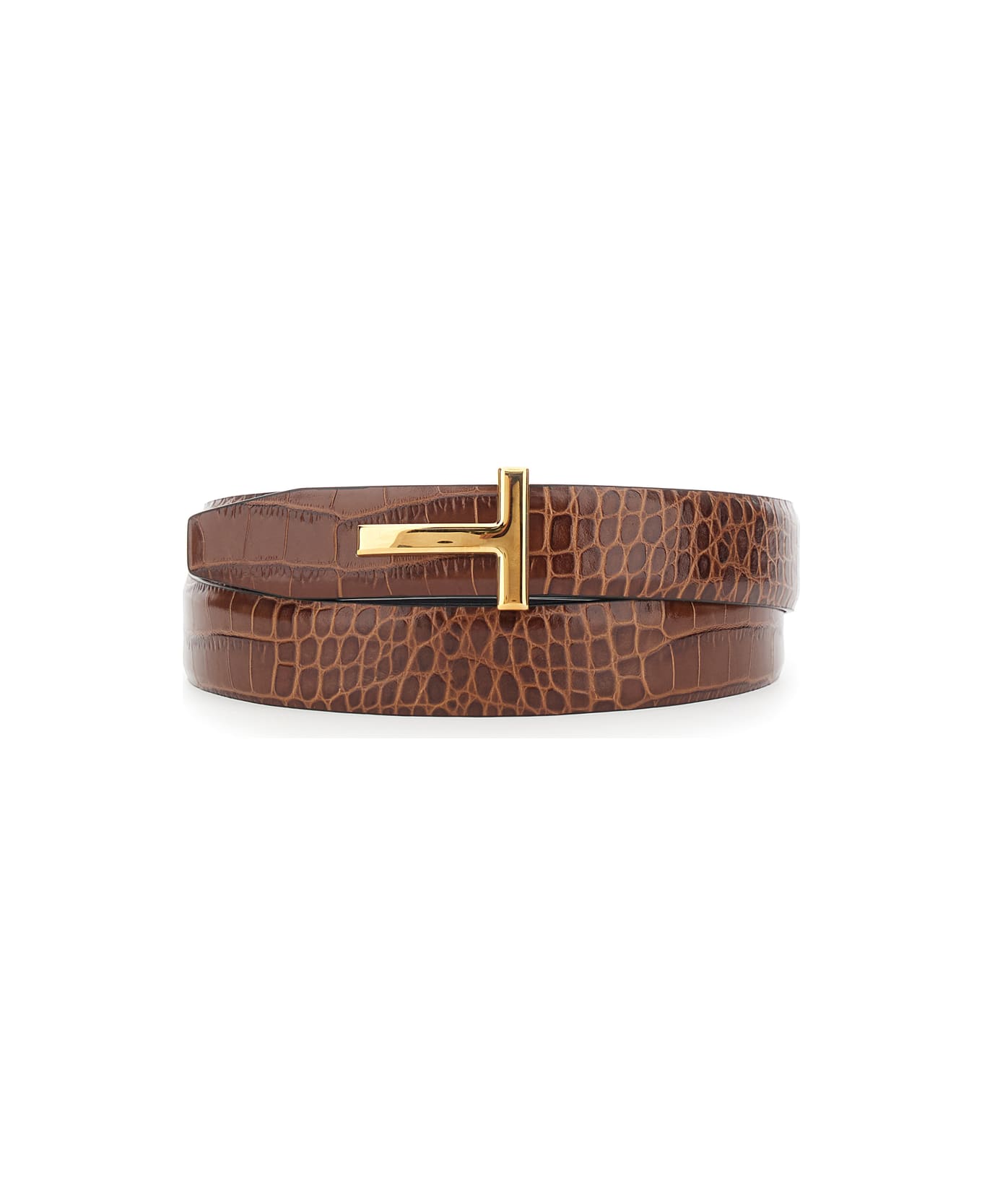 Tom Ford Brown Reversible Belt With T Buckle Closure And Embossed Crocodile Effect In Leather Man - Brown