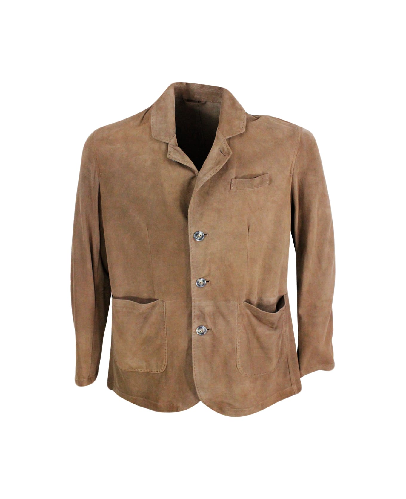 Barba Napoli Jacket In Soft And Fine Single-breasted Suede With 3-button Placket And Patch Pockets - Brown