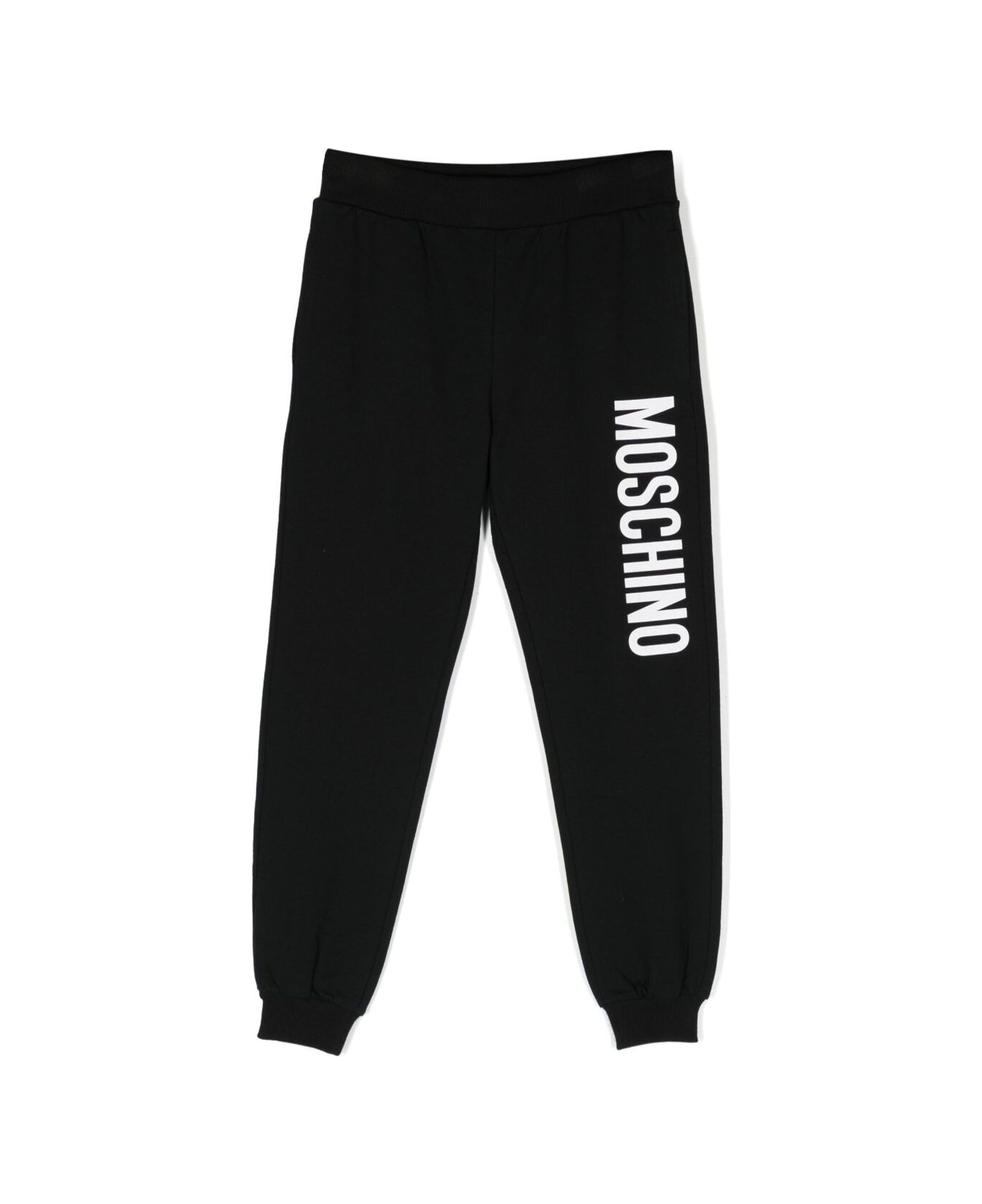 Moschino Black Track Pants And Contrasting Maxi Logo In Stretch Cotton Boy - Black ボトムス