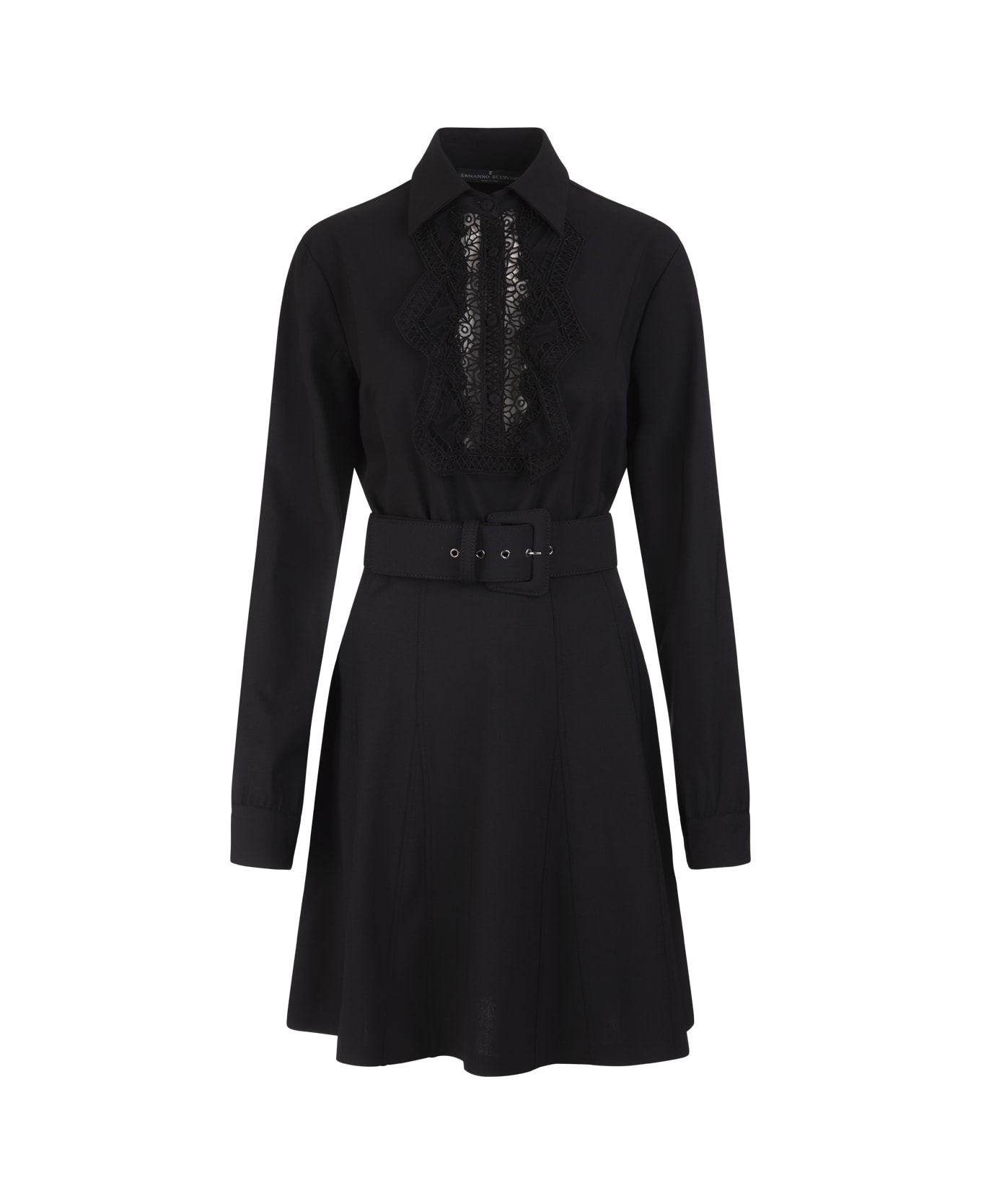 Ermanno Scervino Short Dress In Black Wool Blend With Lace Plastron ...