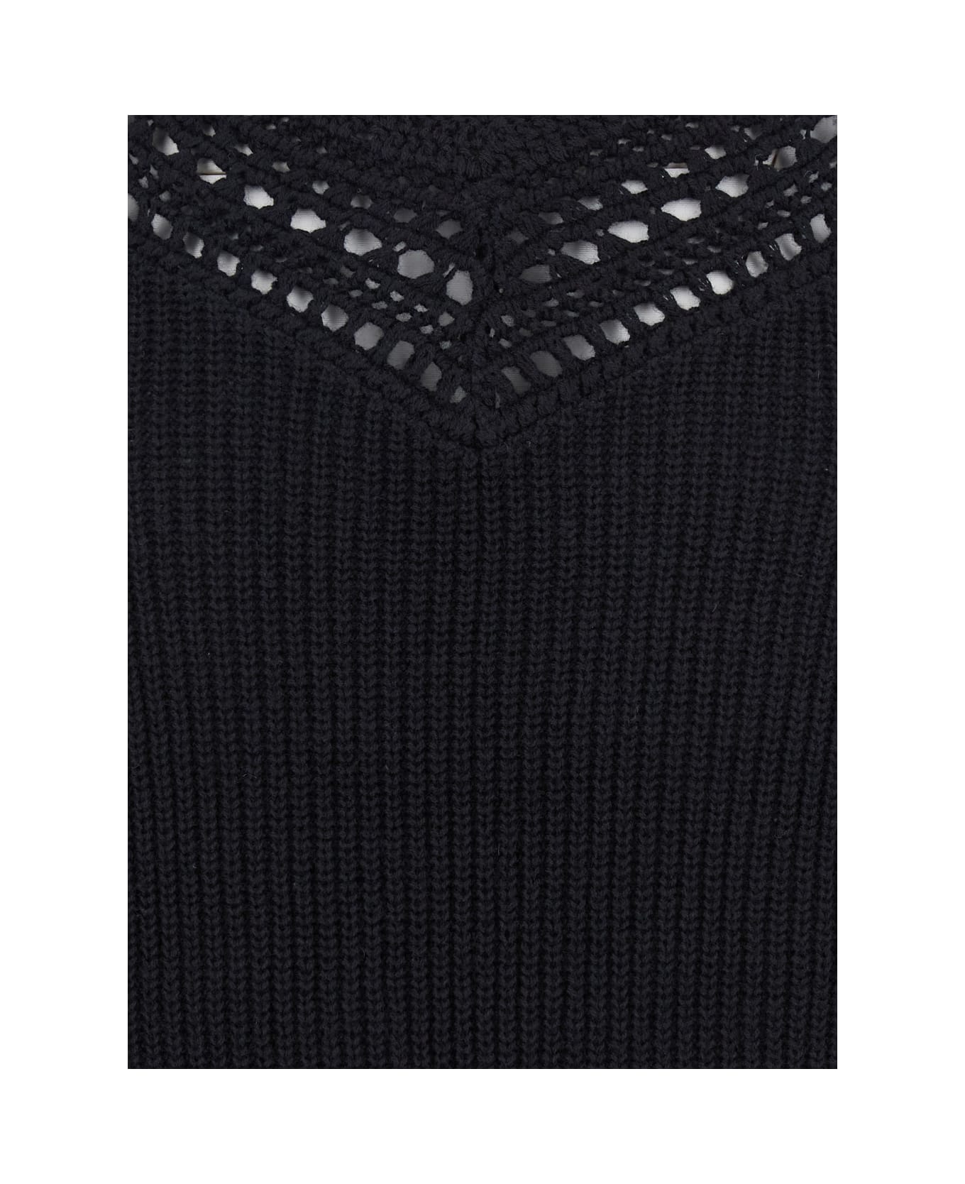 TwinSet Black Sweater With Embroidered Collar And Elastic Cuffs In Wool And Cotton Woman - Black