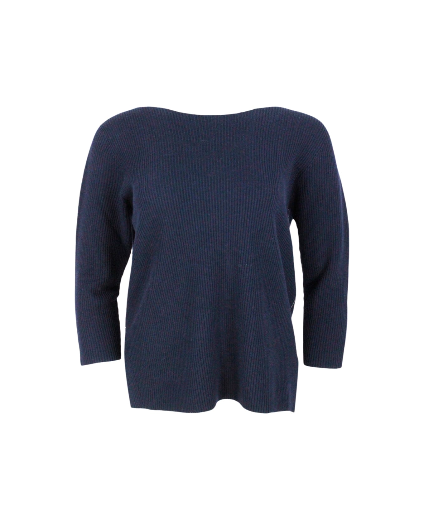 Fabiana Filippi Long-sleeved Boat-neck Sweater In Wool And Cotton Embellished With Brilliant Monili On The Neck - Blu