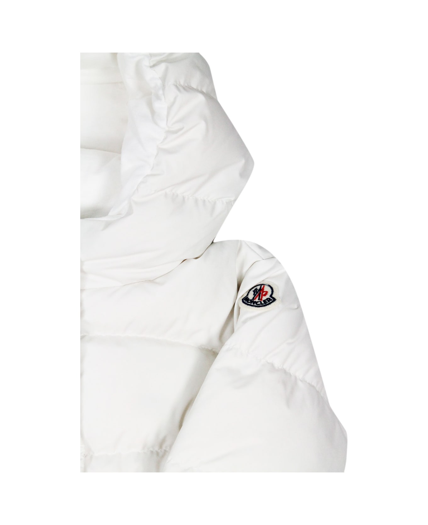 Moncler Ebre Down Jacket Padded With Real White Goose Down With Hood, Zip And Snap Button Closure And Front Pockets - White