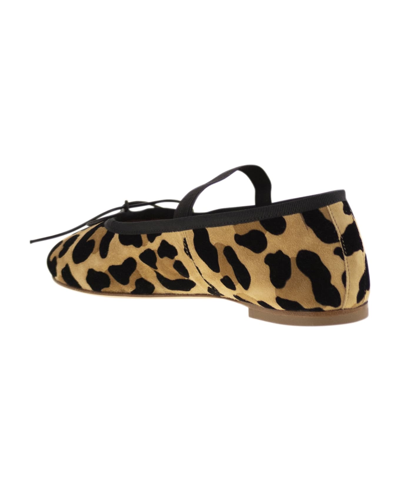 Anniel Leather Ballerina With Animal Pattern And Elastic Band - Camel