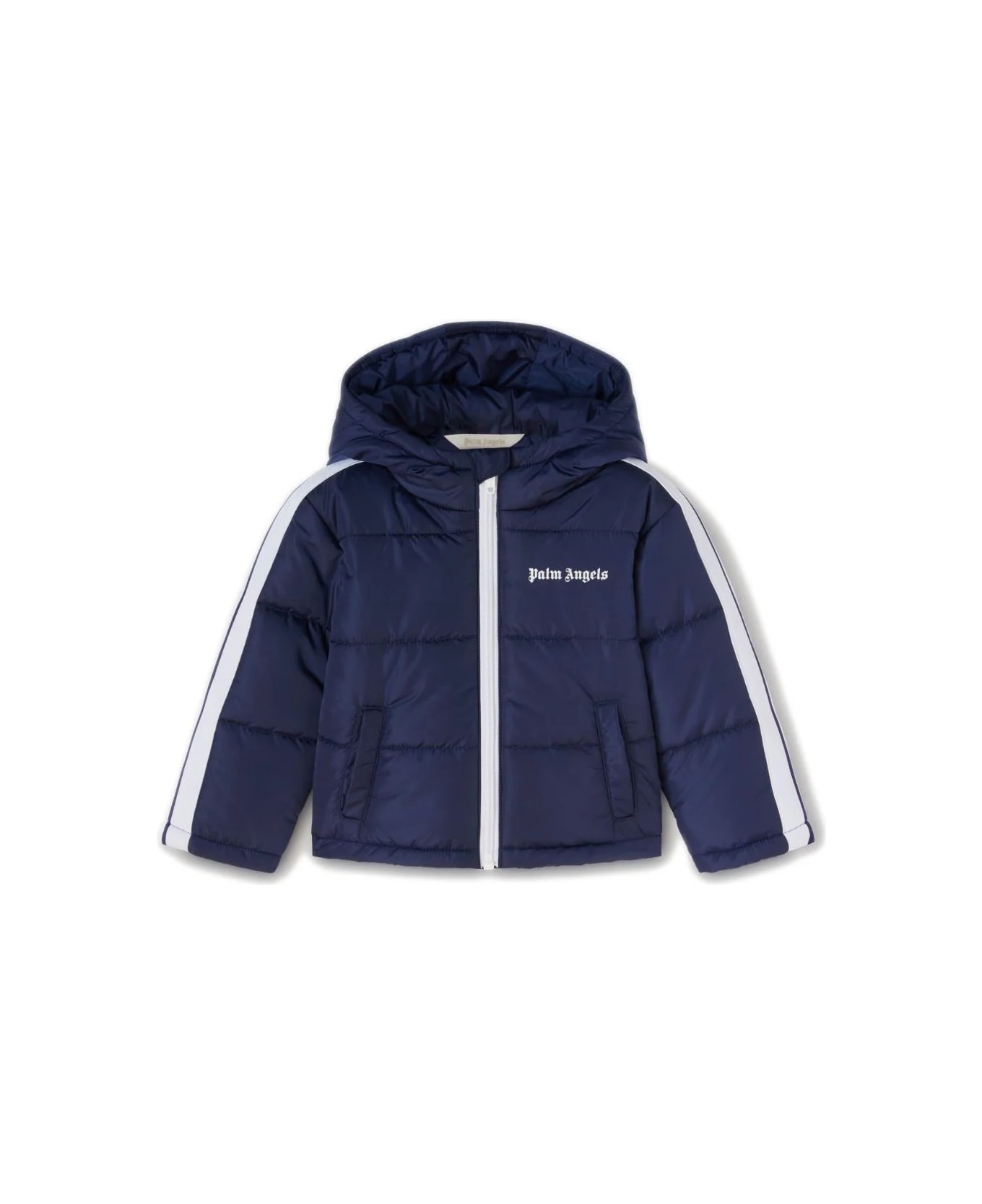 Palm Angels Blue Puffer Jacket With Logo - Blue