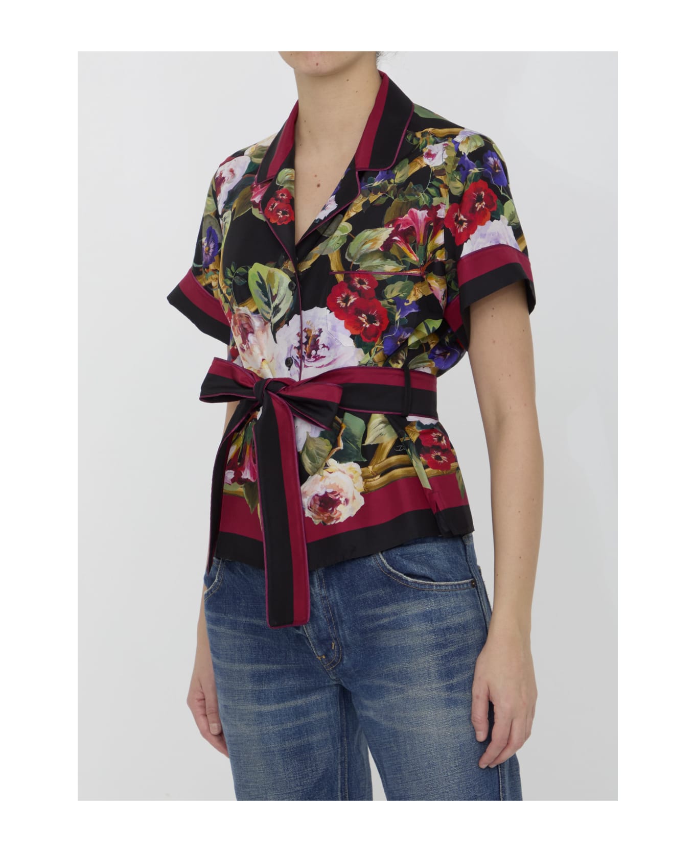 Dolce lace-up & Gabbana Roseto Print Shirt - BLACK