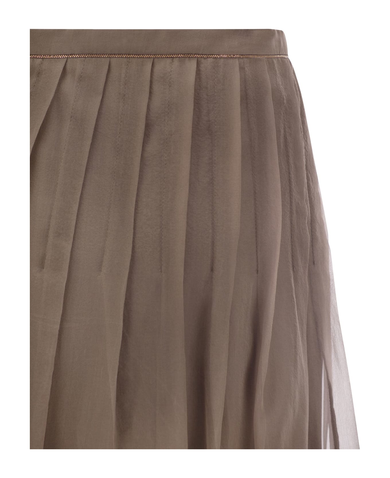 Brunello Cucinelli Crispy Silk Pleated Midi Skirt With Shiny Waistband - Brown