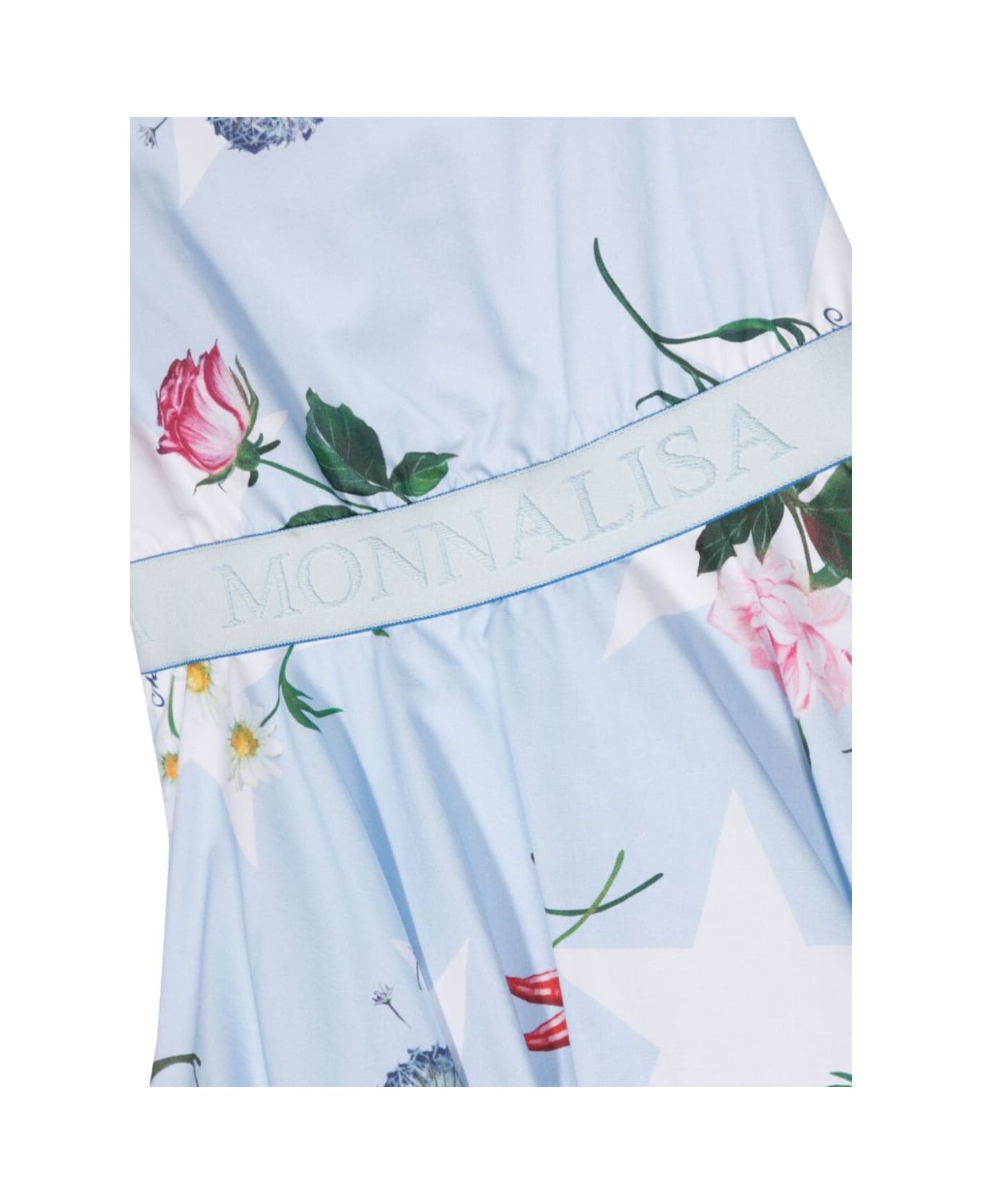 Monnalisa Blue Dress With Branded Band And Floreal Print In Cotton Girl - Light blue ワンピース＆ドレス