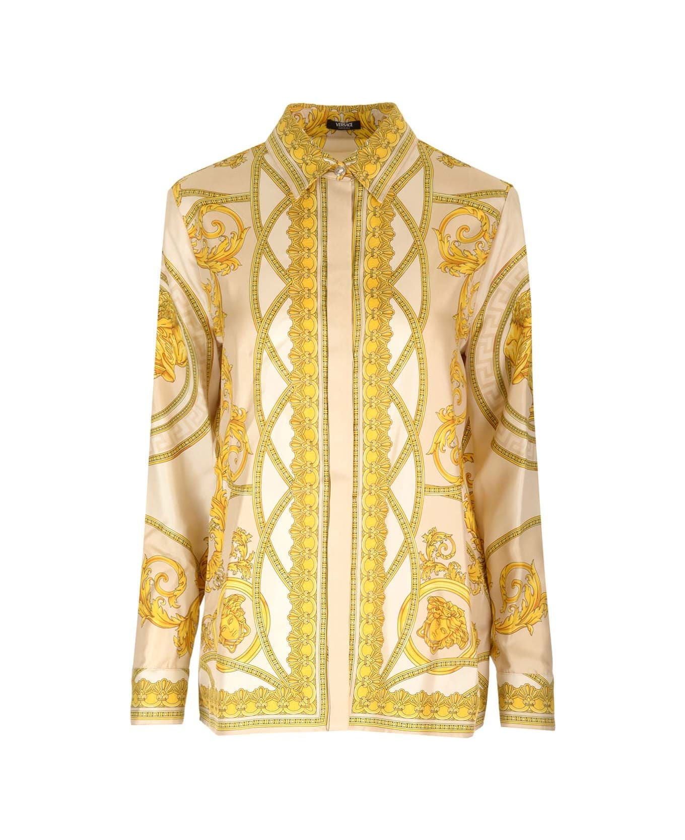 Versace "barocco" Silk Twill Shirt - Yellow