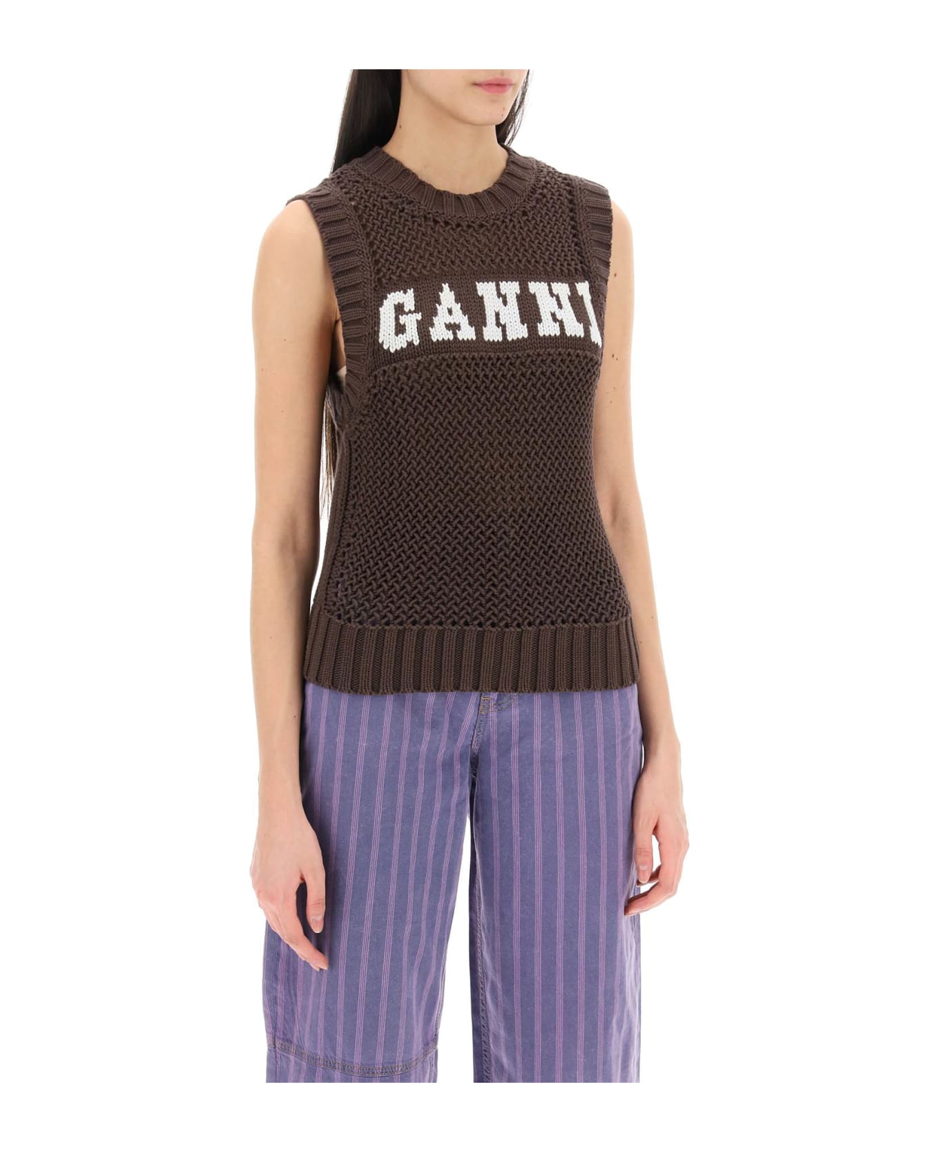 Ganni Open-stitch Knitted Vest With Logo - HOT FUDGE (Brown)