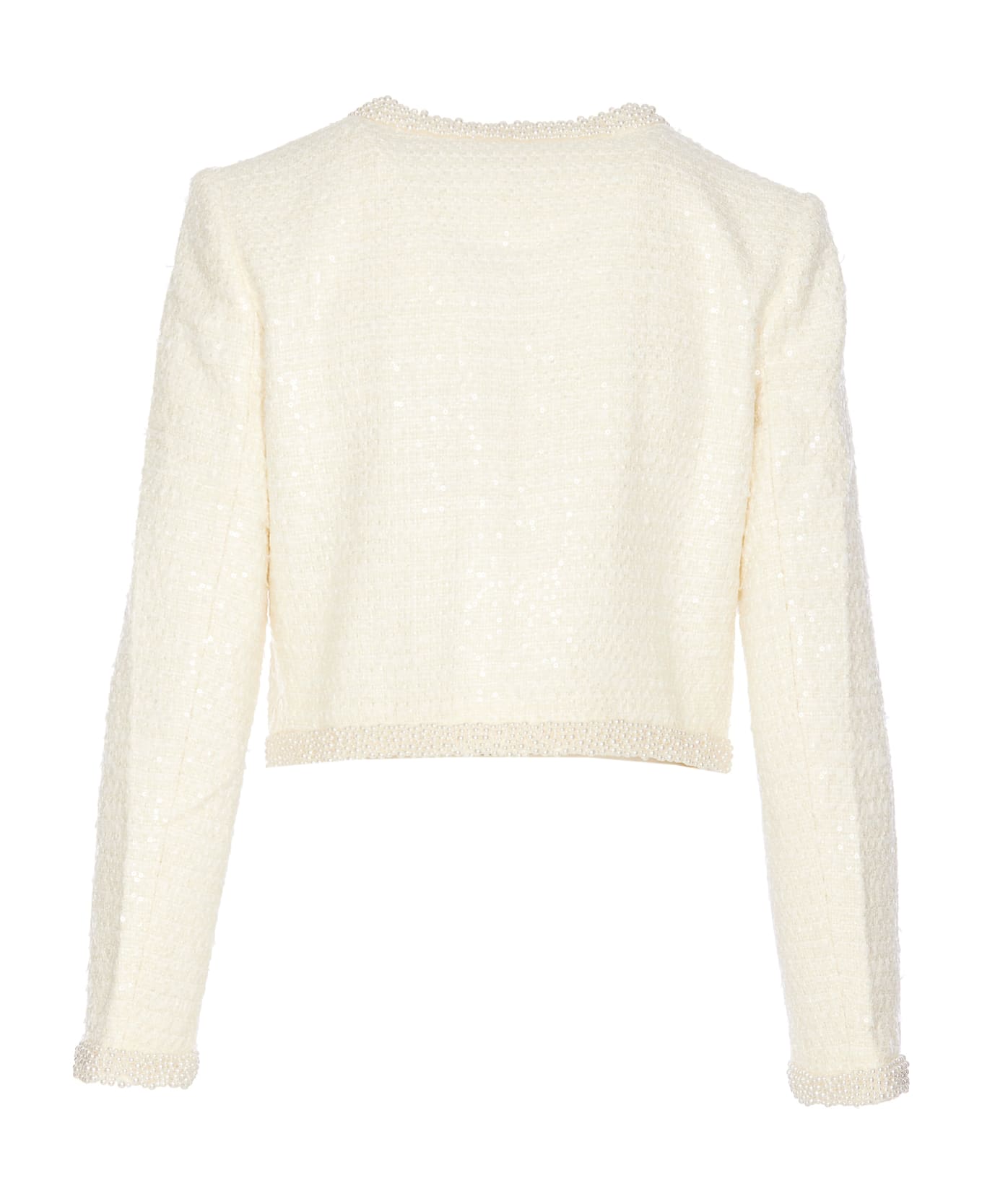 self-portrait Cream Boucle Pearl Trim Jacket - White