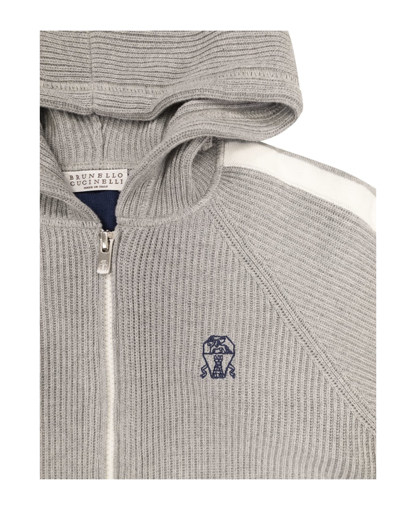 Brunello Cucinelli Cotton Rib Cardigan With Striped Detail And Hood - Grey