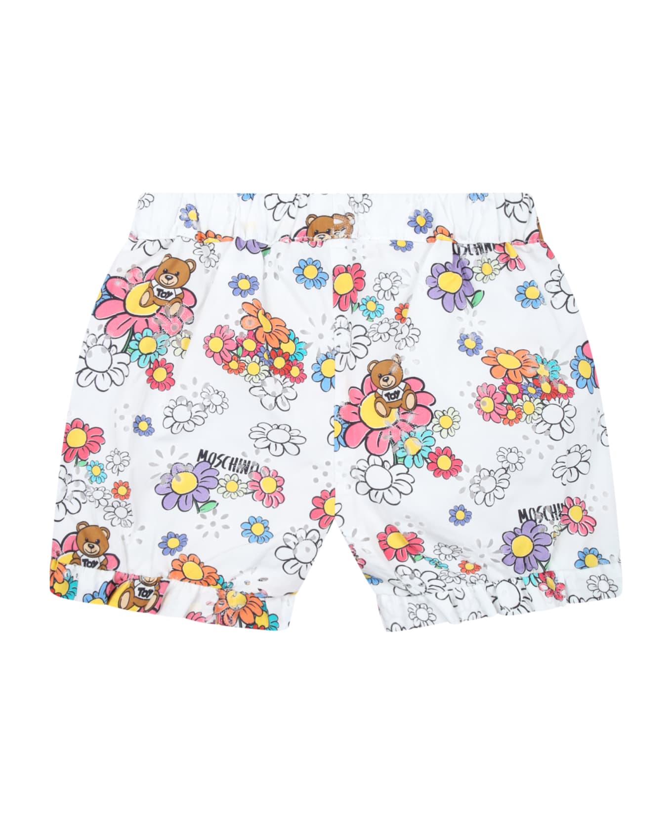 Moschino White Shorts For Baby Girl With Flowers And Teddy Bear - White
