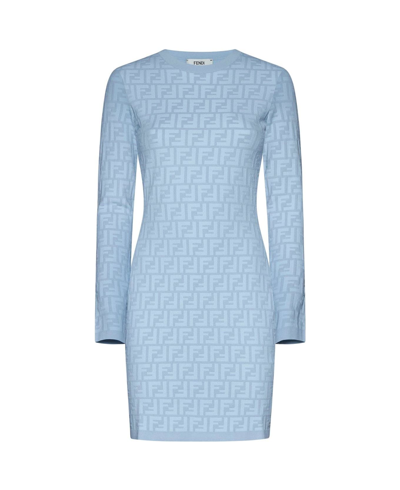 Fendi Ff Jacquard Long Sleeved Crewneck Dress - Clear Blue