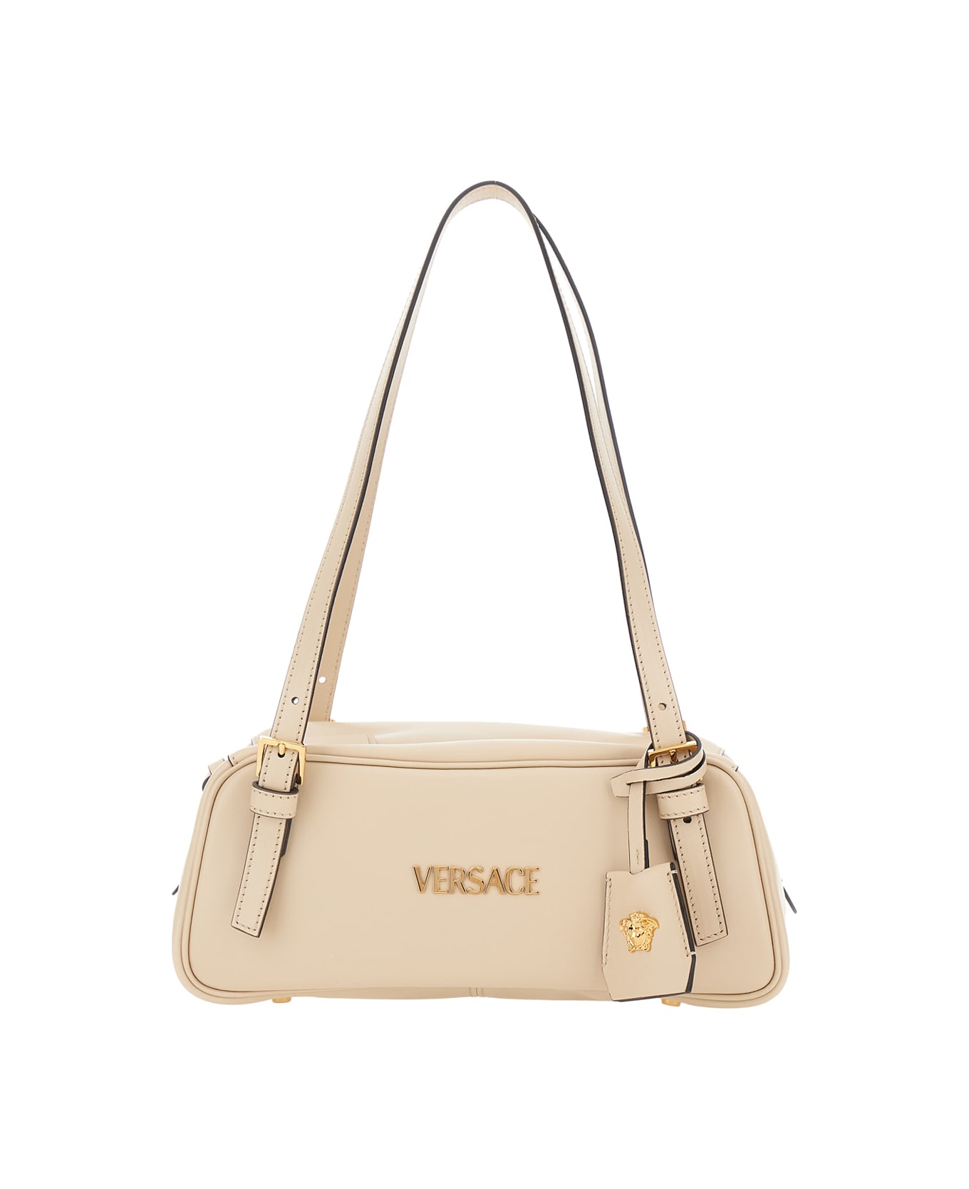 Versace 'tag Bowling' White Shoulder Bag With Metallic Logo Lettering And Medusa Head Pendant In Leather Woman - White