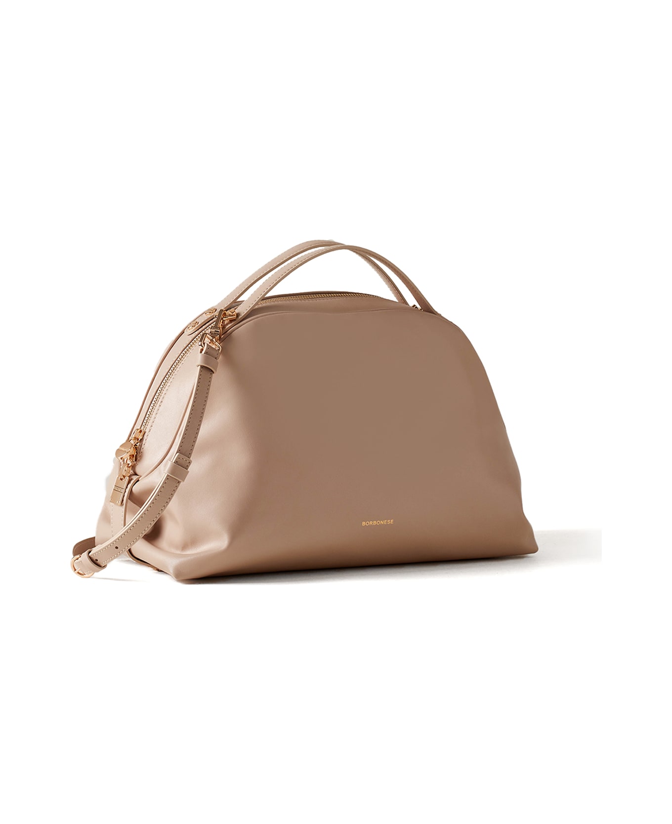 Borbonese Medium Beige Leather Bauletto Bag With Shoulder Strap - PORRIDGE