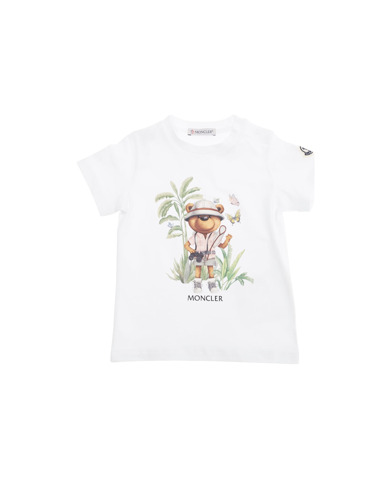 Moncler White T-shirt With Maxi Logo Print On The Front And Button Closure On The Sleeve In Cotton Stretch Baby - White