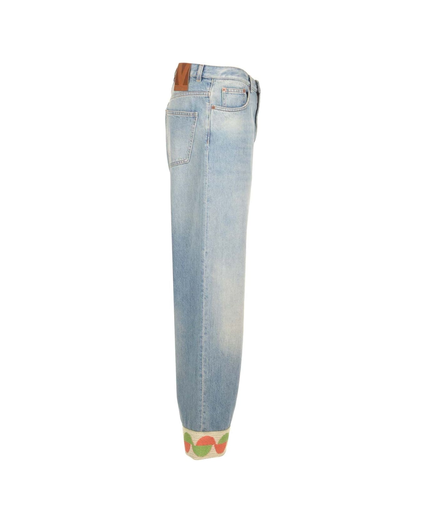Valentino Garavani Denim Trousers With Jacquard Hem - Blue