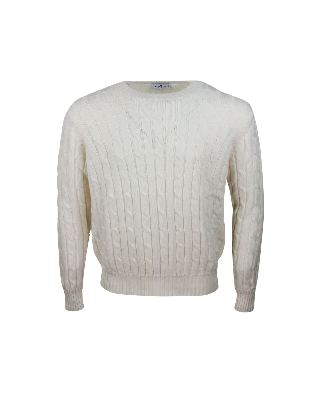 Sonrisa Crewneck Sweater In Fine And Soft Merino Wool With Cable Knit - Cream