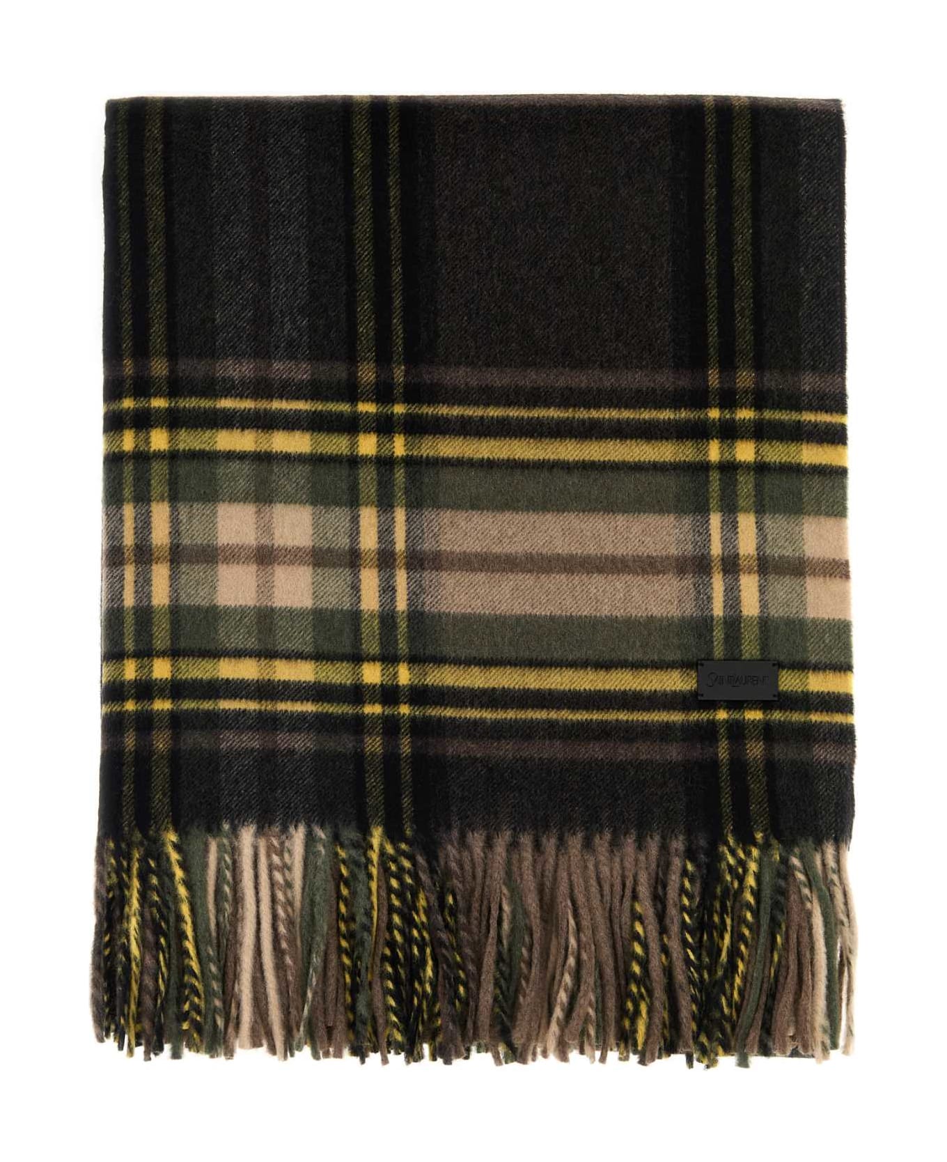 Saint Laurent Embroidered Cashmere Blend Scarf - BROWN/DARK GREEN