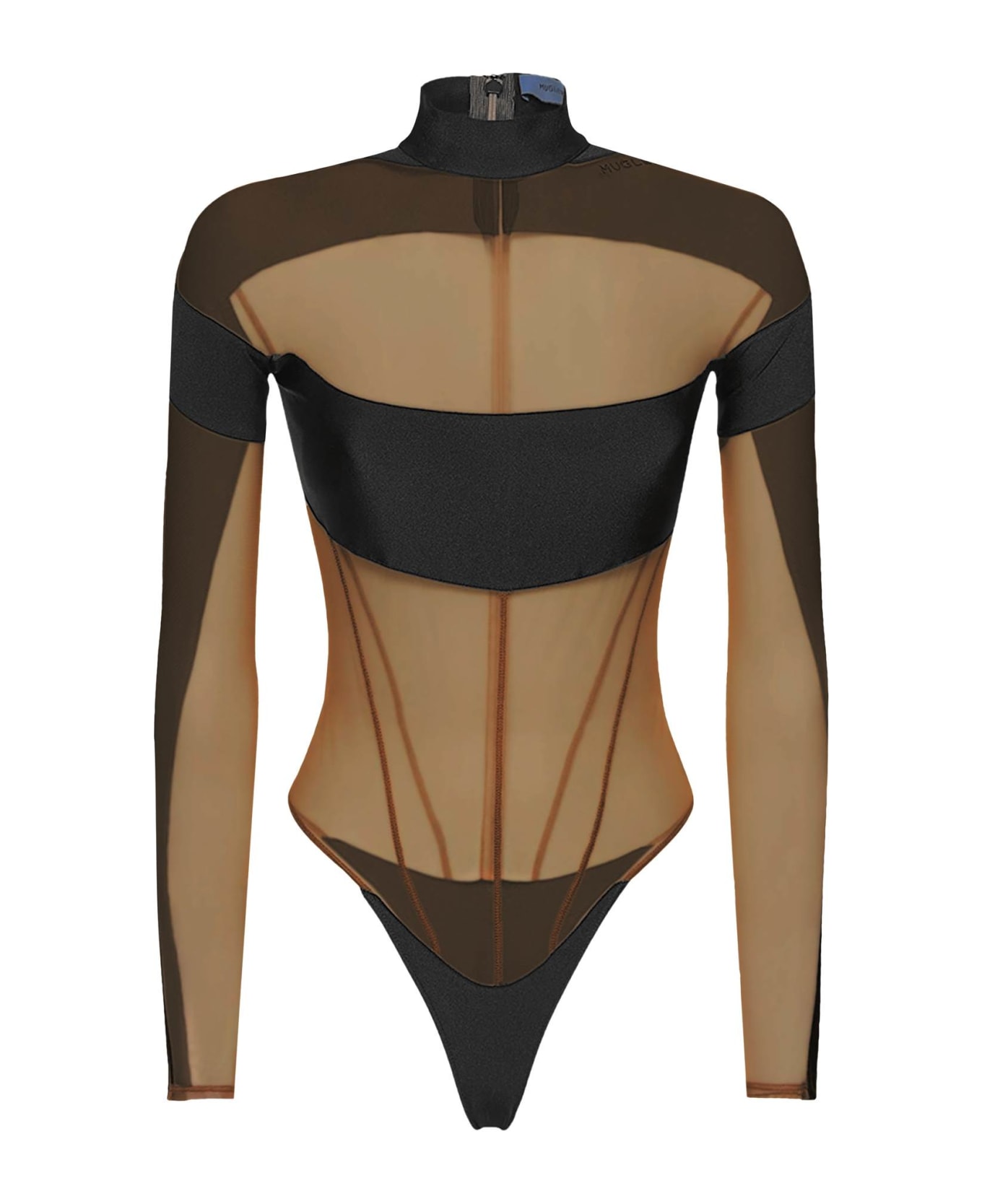 Mugler Long Sleeve Illusion Bodysuit - BLACK NUDE 02 (Black)