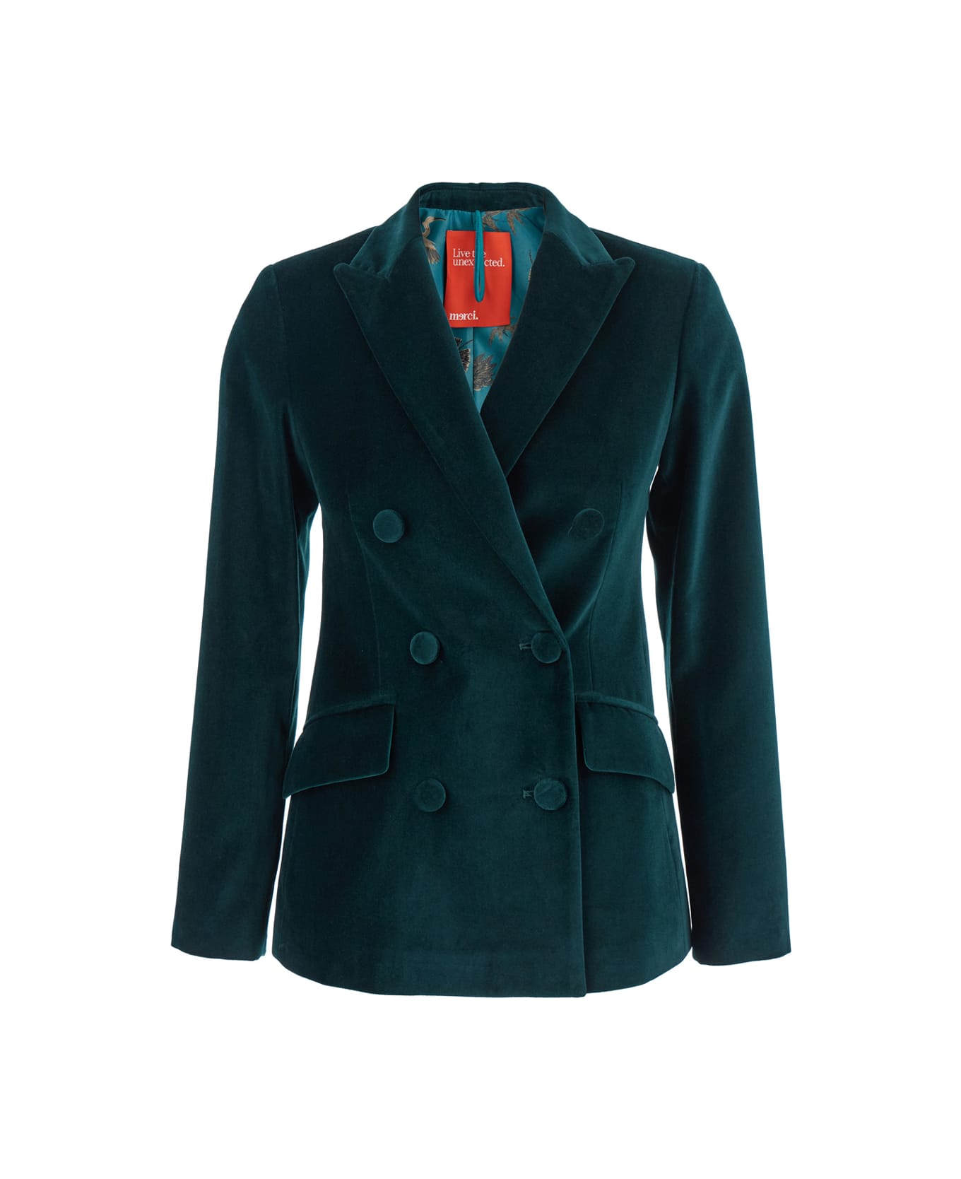 Merci Green Double-breasted Jacket With Peak Revers In Velvet Woman - Green