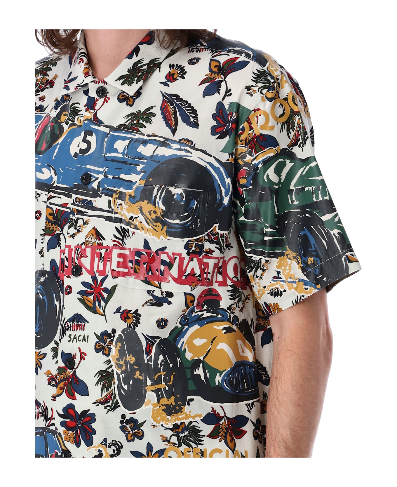 Sacai Car Race Tropical Print Bowling Shirt - IVORY MULTI