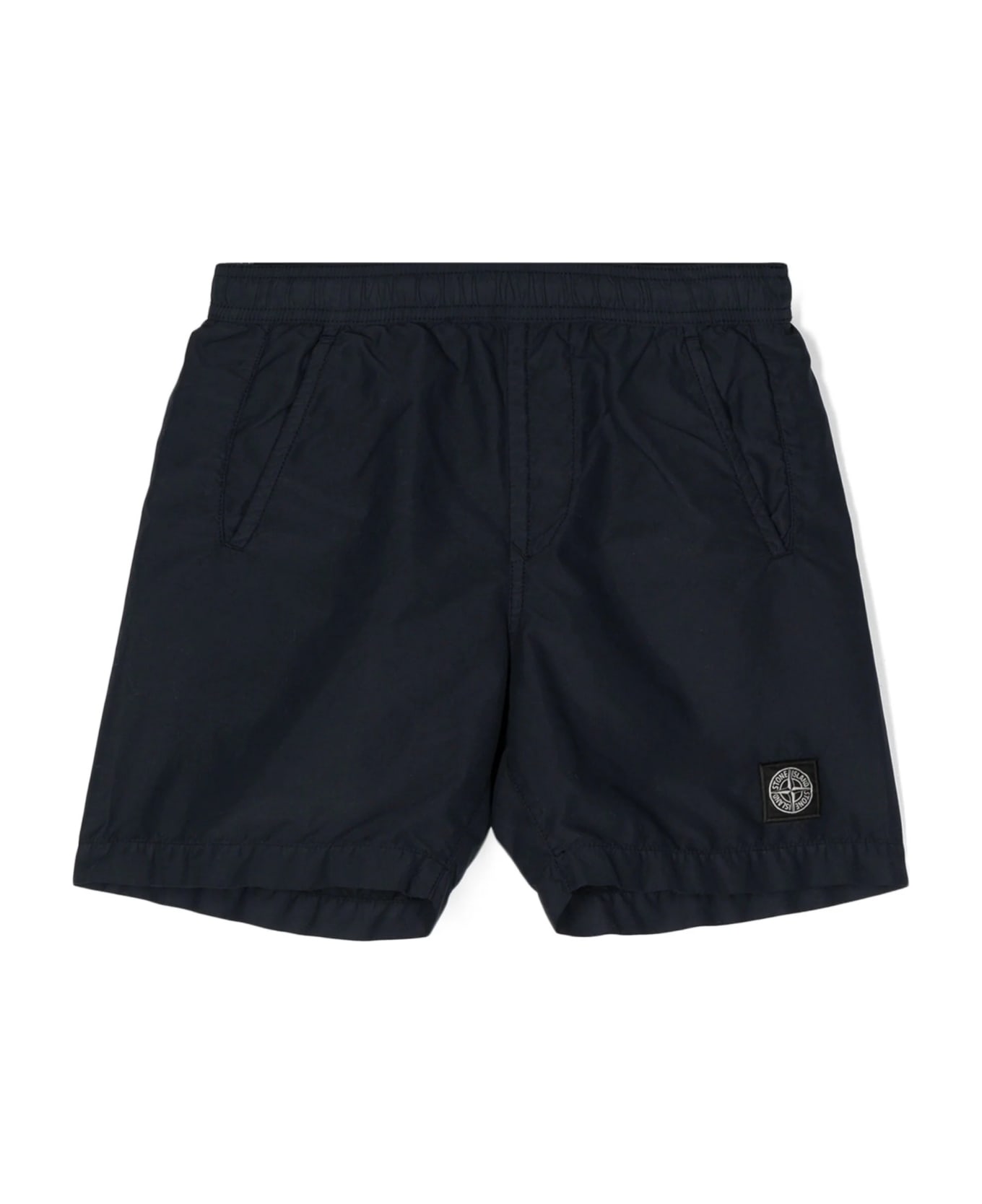 Stone Island Junior Navy Blue Swim Shorts With Logo Patch - Blue 水着