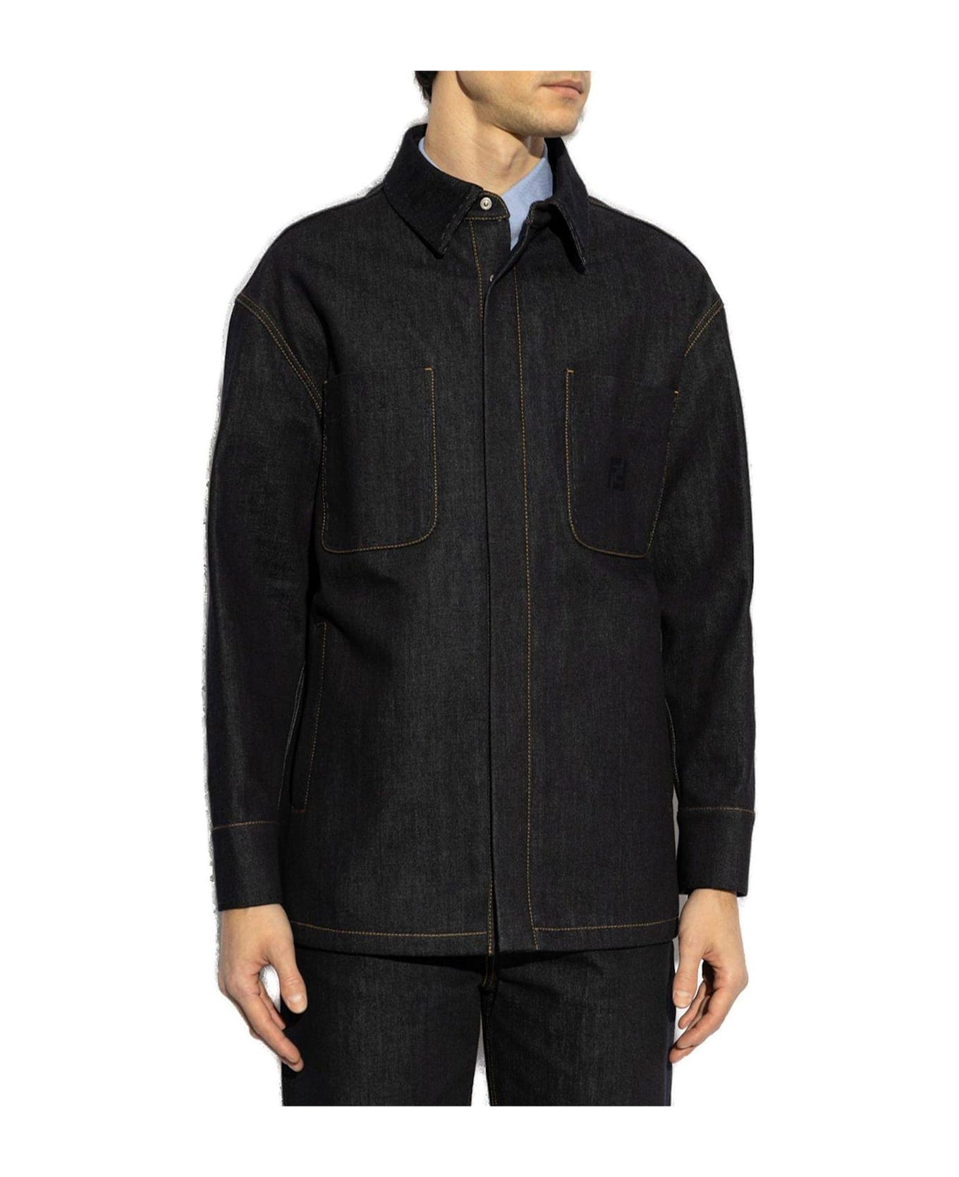 Fendi Logo Embroidered Denim Jacket - Blu