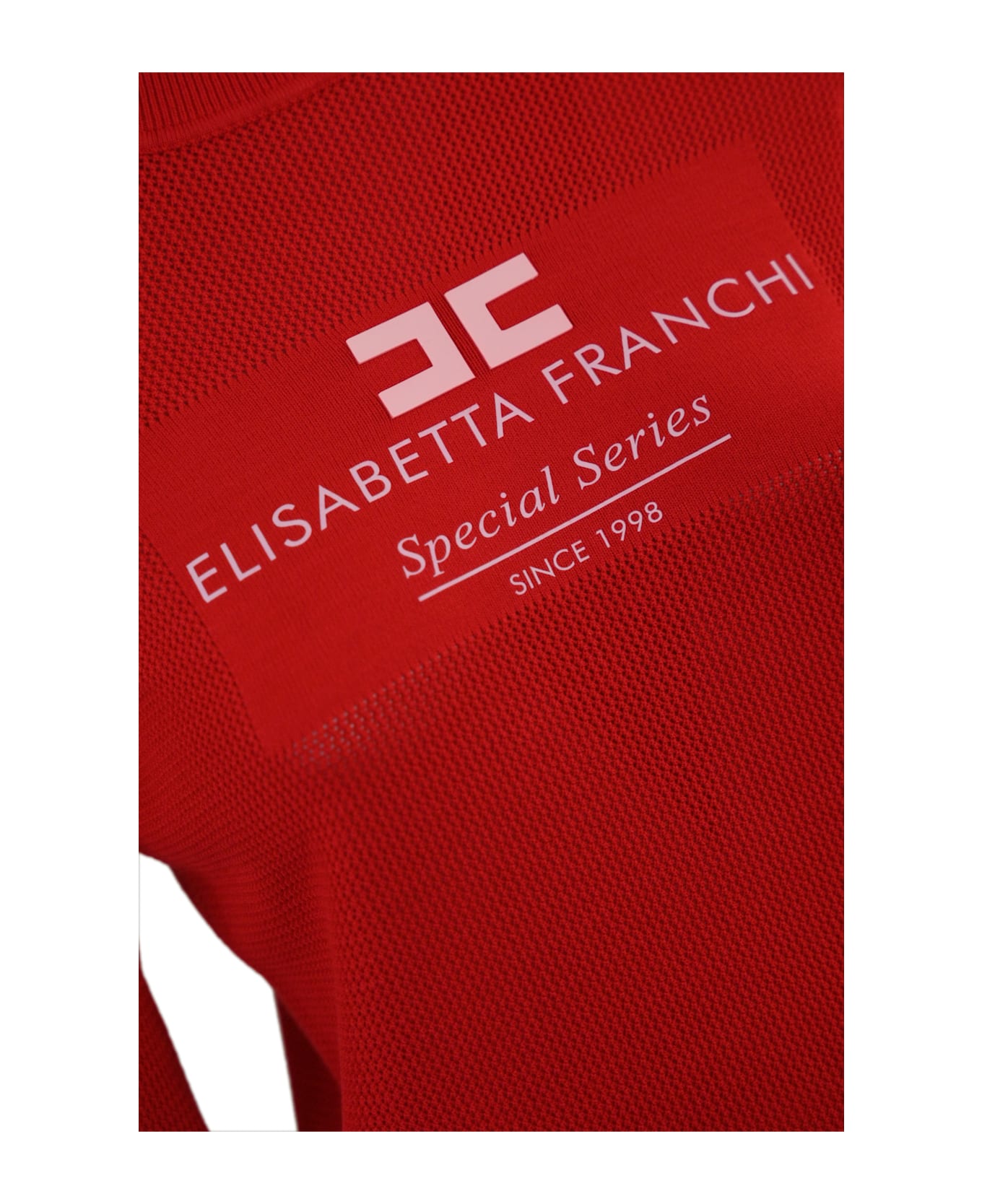 Elisabetta Franchi Turtleneck In Mesh Stitch Viscose Knit With Logo Inlay - Rosso