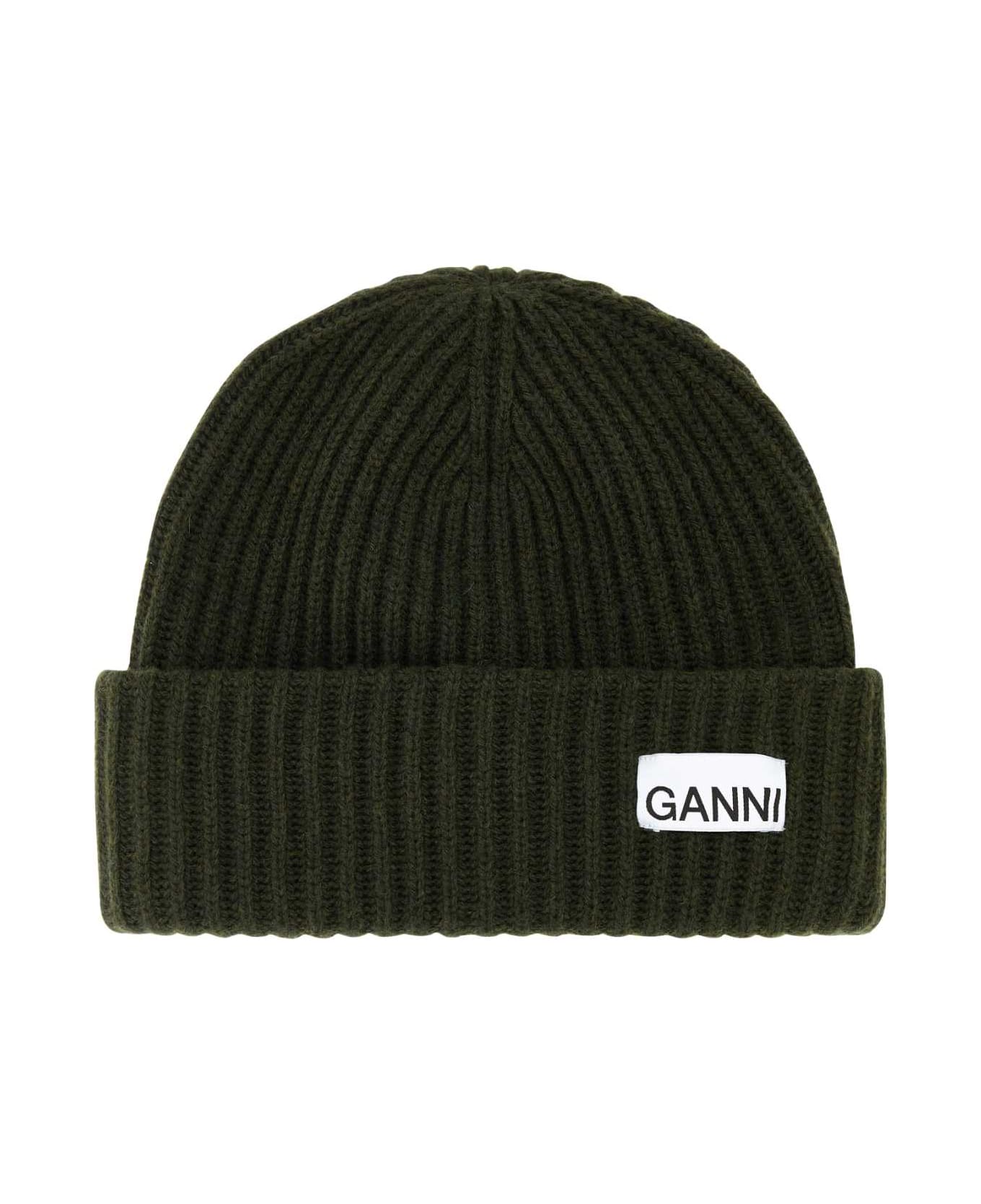 Ganni Army Green Wool Blend Beanie Hat - KALAMATA