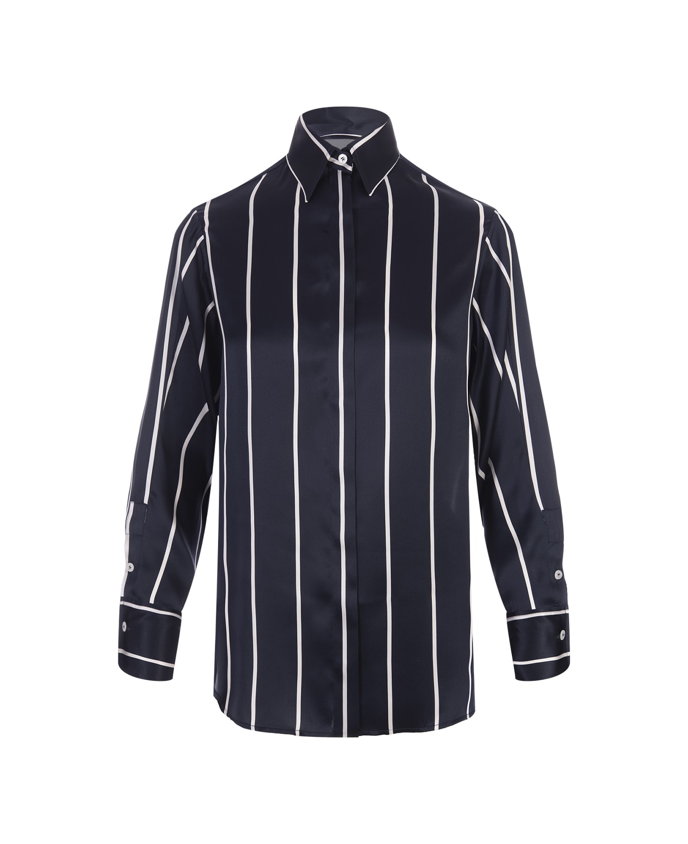 Kiton Navy Blue Striped Silk Shirt - Blue
