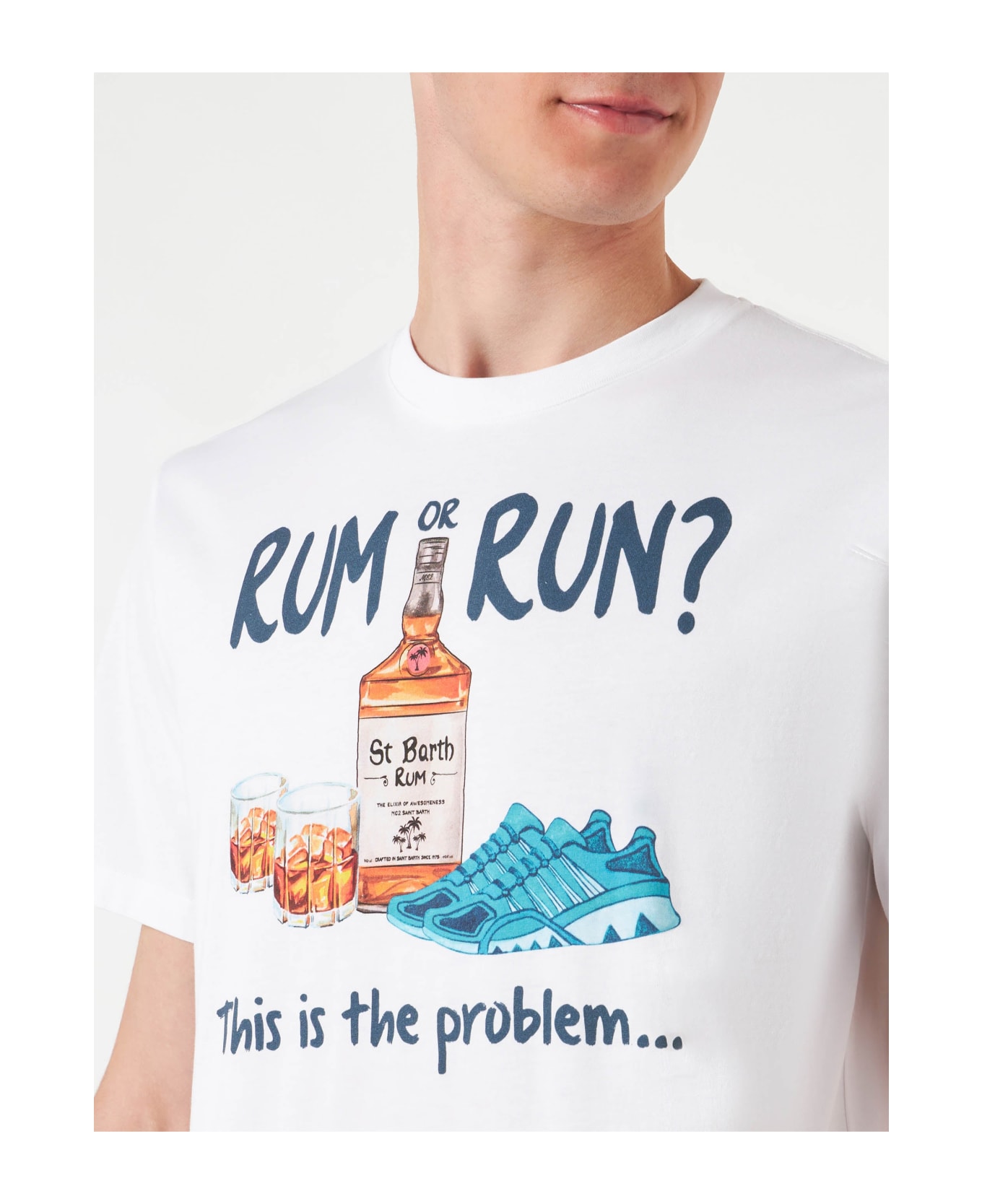 MC2 Saint Barth Man Cotton T-shirt With Rum Or Run Print - WHITE