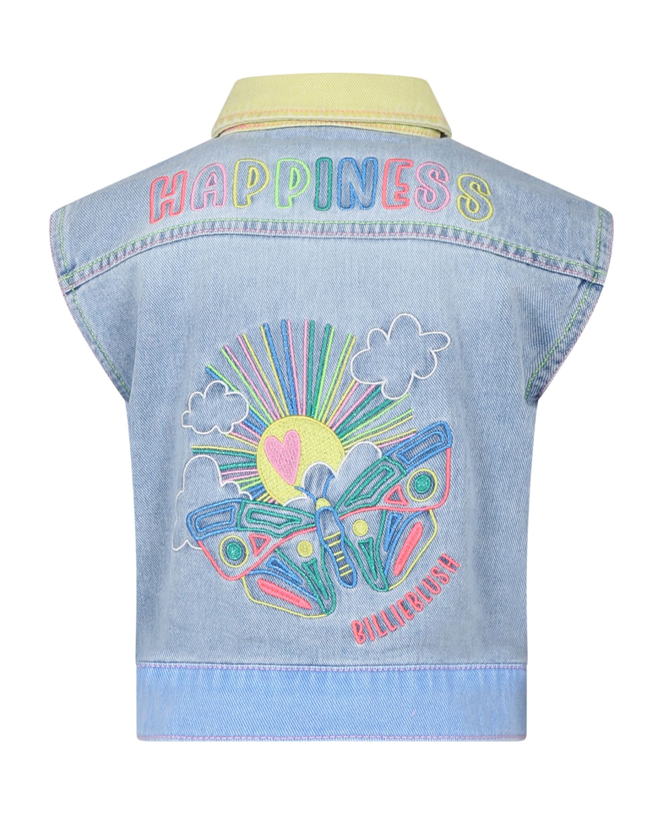 Billieblush Denim Vest For Girl With Multicolor Embroidered Print - Denim コート＆ジャケット