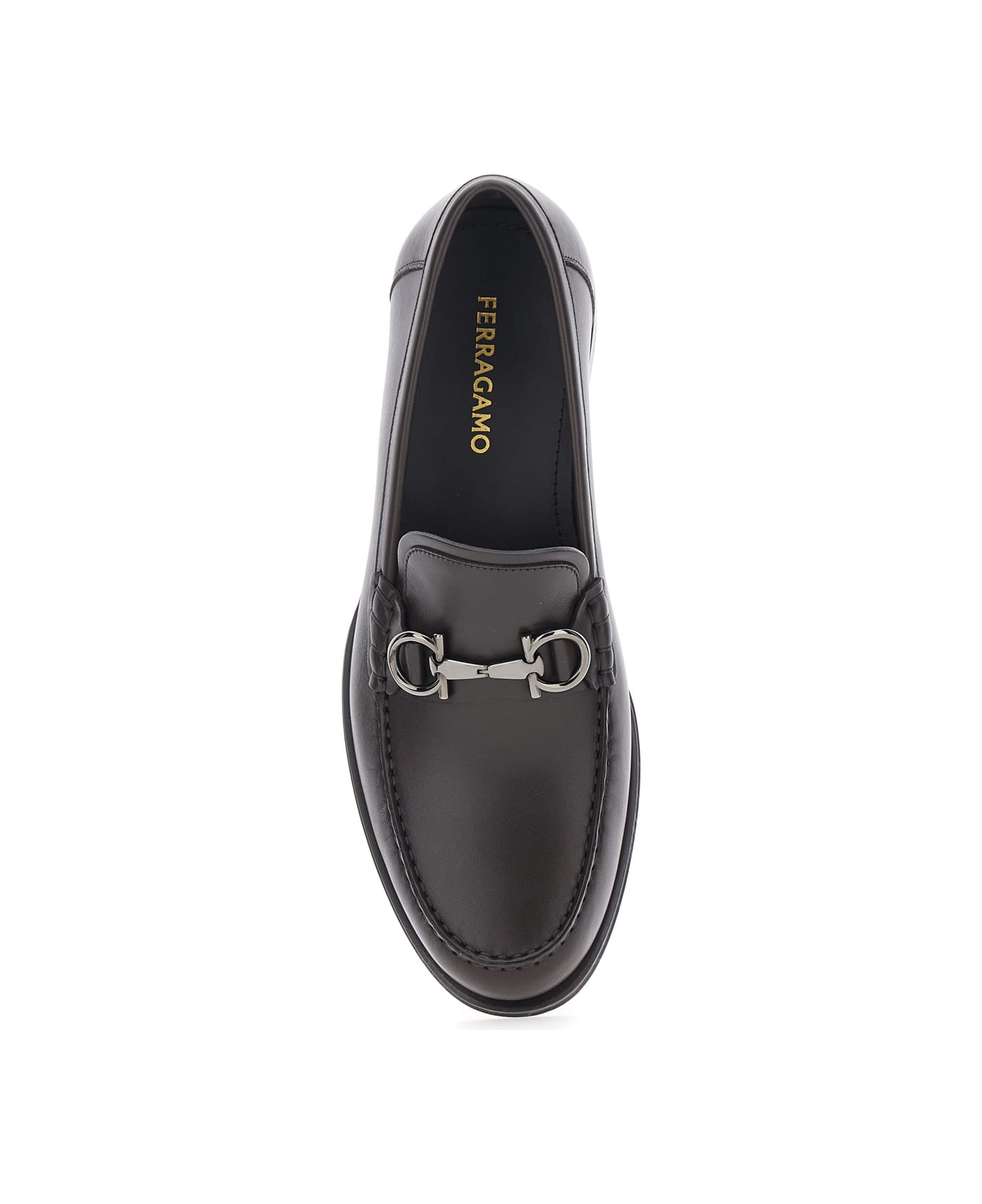 Ferragamo Brown Loafers With Metallic Gancini Detail On The Front In Leather Man - Brown