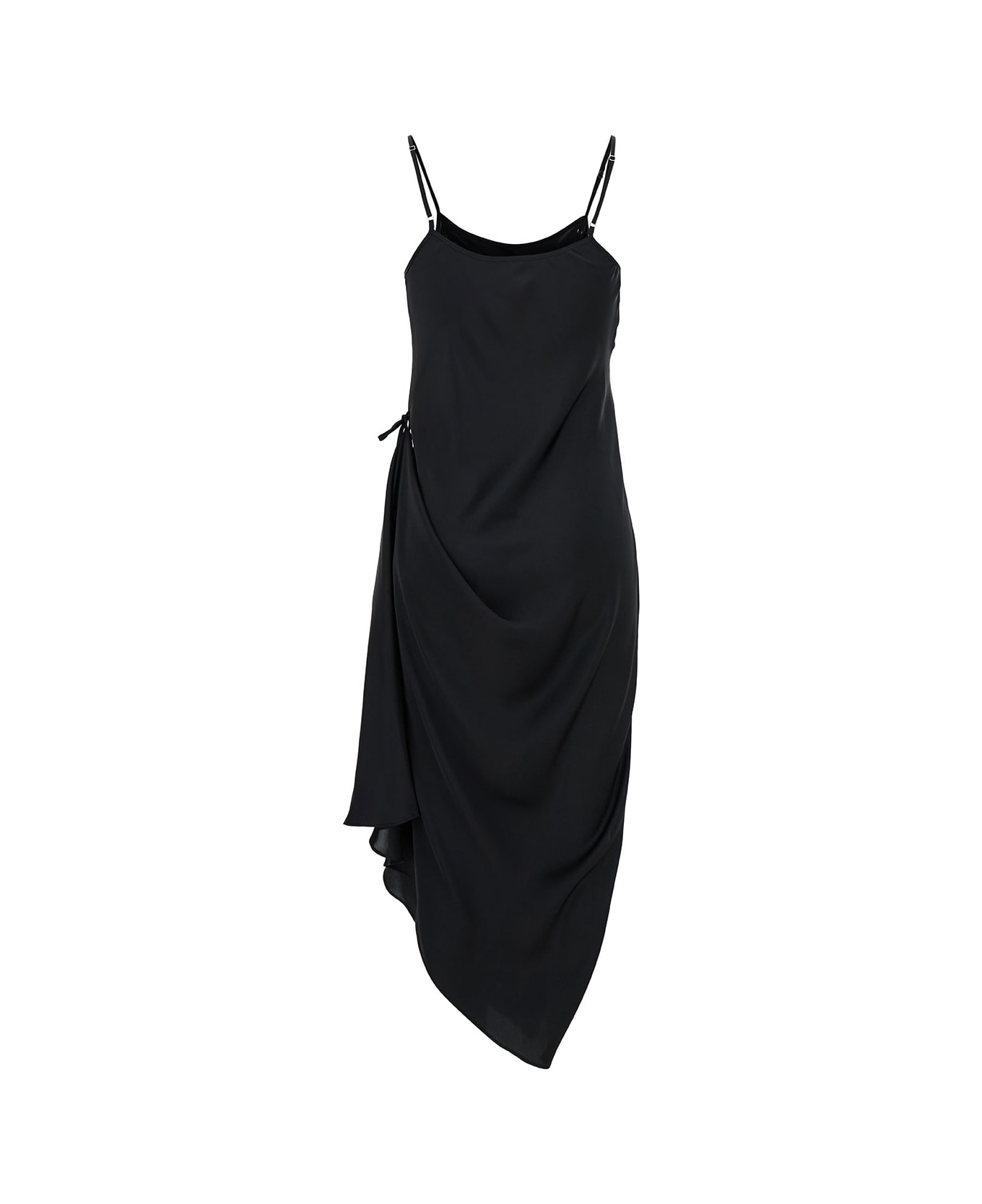 Low Classic Black Midi Slip Dress With Drawstring In Light-weight Fabric Woman - Black