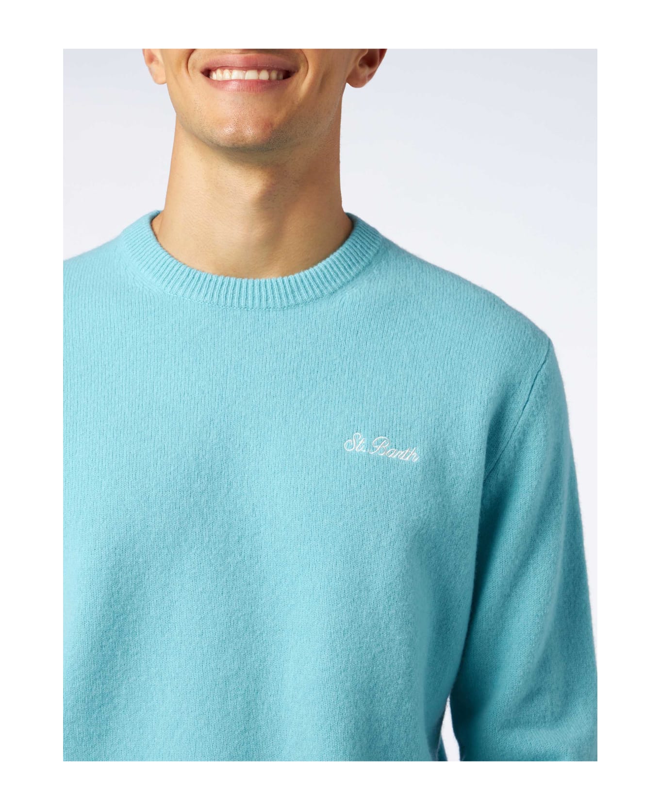 MC2 Saint Barth Man Crewneck Water Green Sweater With St. Barth Embroidery - GREEN