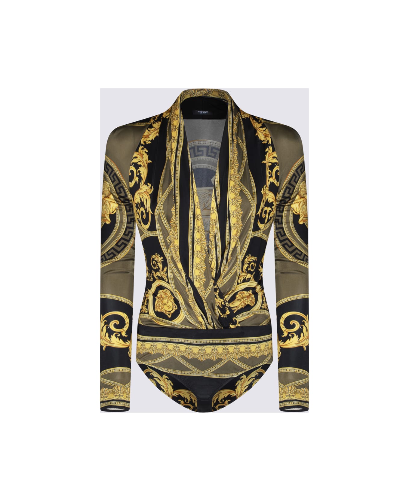 Versace Black And Gold Viscose Bodysuit - BLACK/DARK OLIVE/GOLD