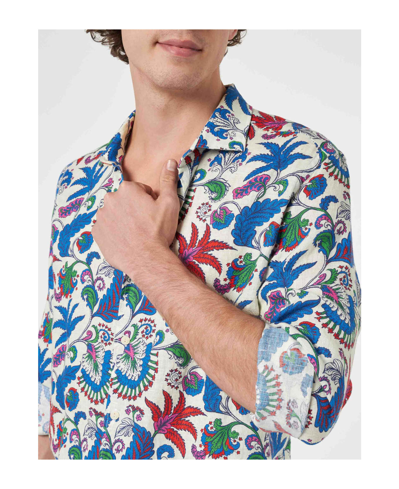 MC2 Saint Barth Nvy Blue Linen Shirt Pamplona With Flower Print - MULTICOLOR