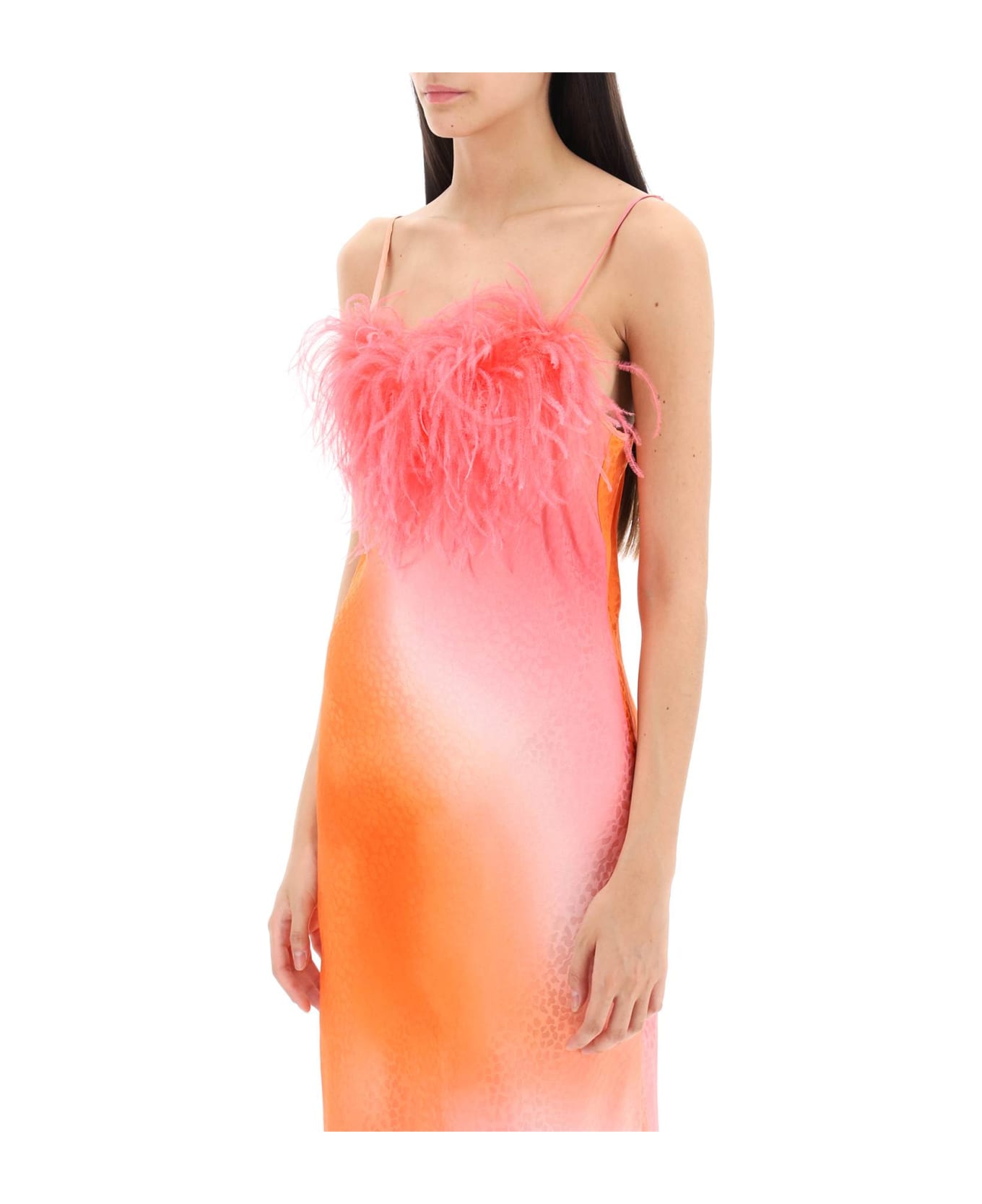 Art Dealer 'ella' Maxi Slip Dress In Jacquard Satin With Feathers - PINK ORANGE PRINT (Orange)