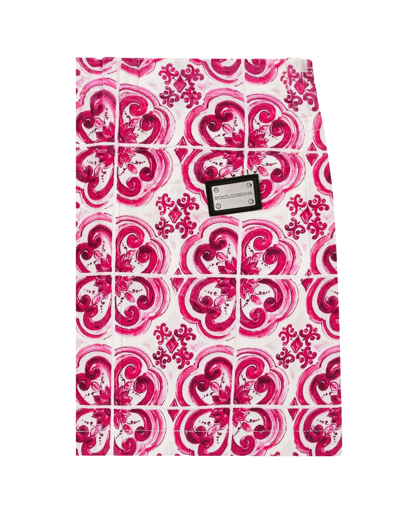 Dolce & Gabbana 5 Pocket Denim Mini ARGENTO With Fuchsia Majolica Print - Pink