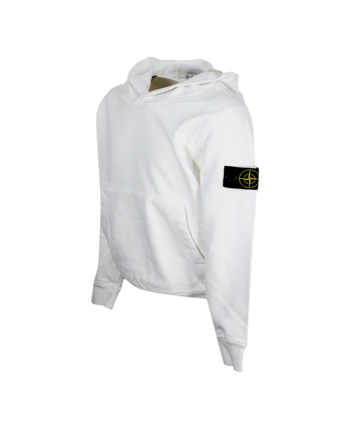 Stone Island Junior Cotton Sweatshirt With Hood, Kangaroo Pockets And Logo On The Sleeve - White