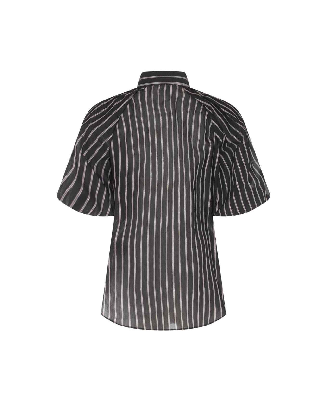 Brunello Cucinelli Stripe Detailed Curved Hem Blouse - BLACK/WHITE