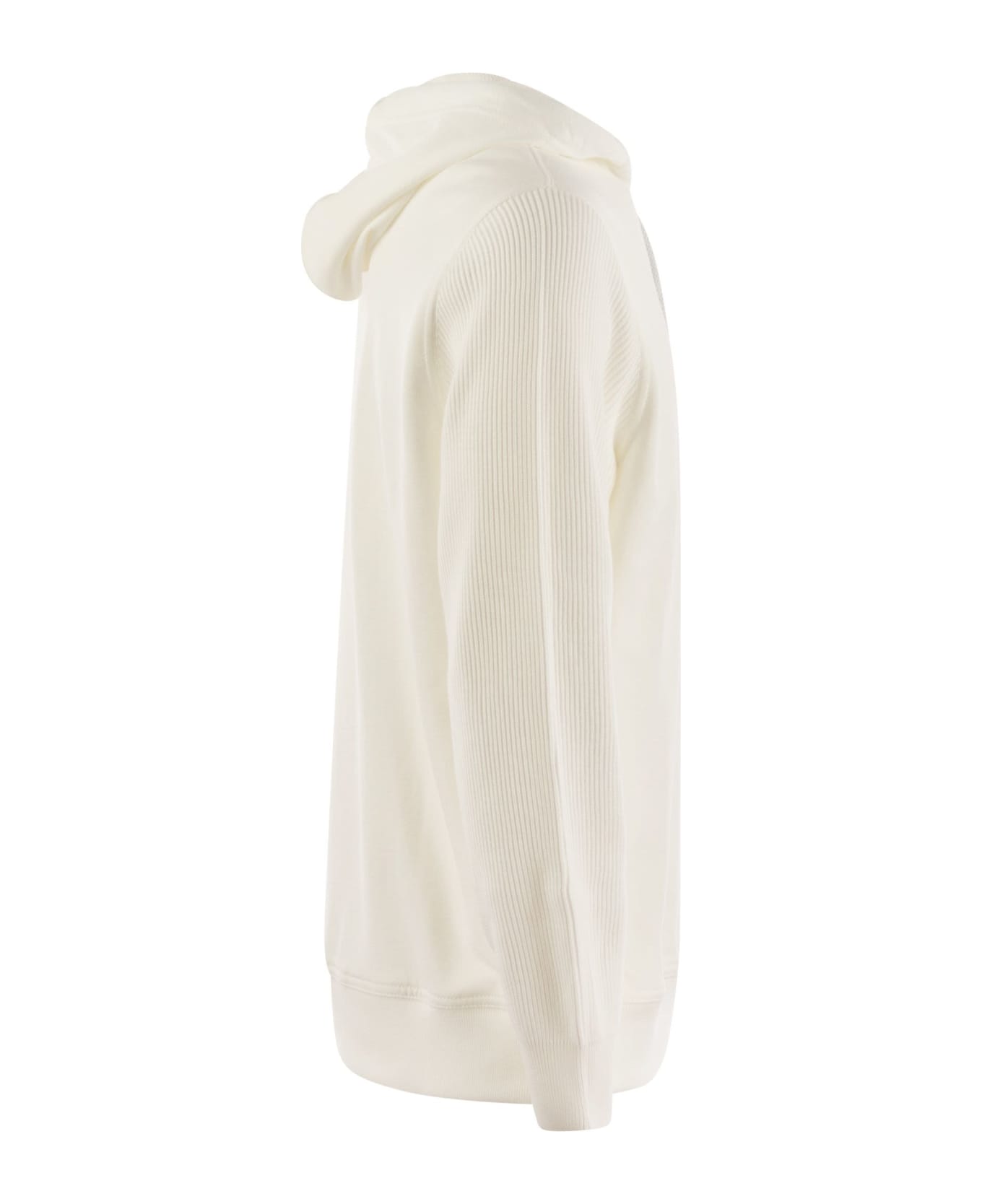 Brunello Cucinelli Cotton Fleece Topwear With Hood And Ribbed Cotton Knit Sleeve - White