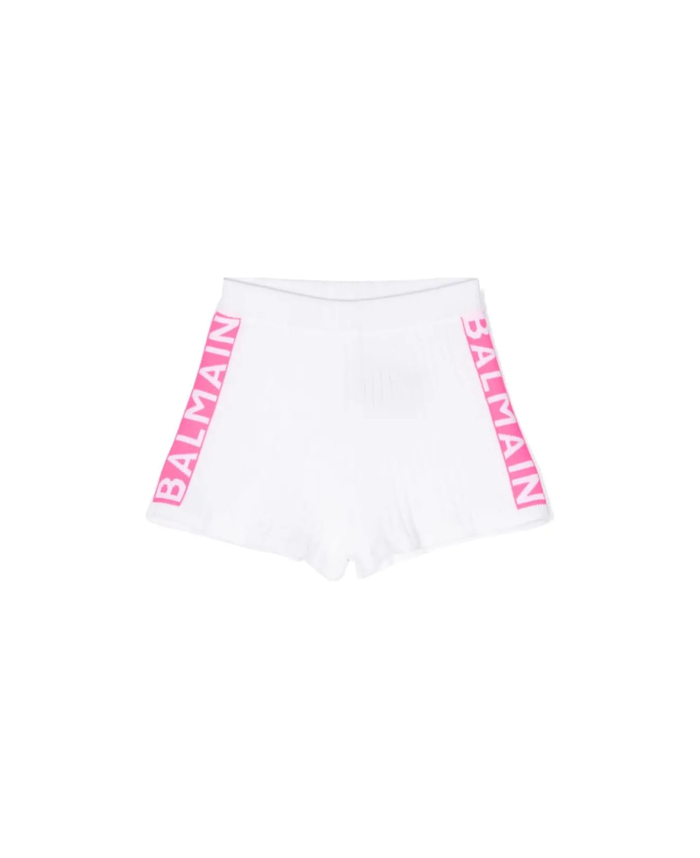 Balmain Ribbed Knit Shorts With Jacquard Logo Motif - White ボトムス