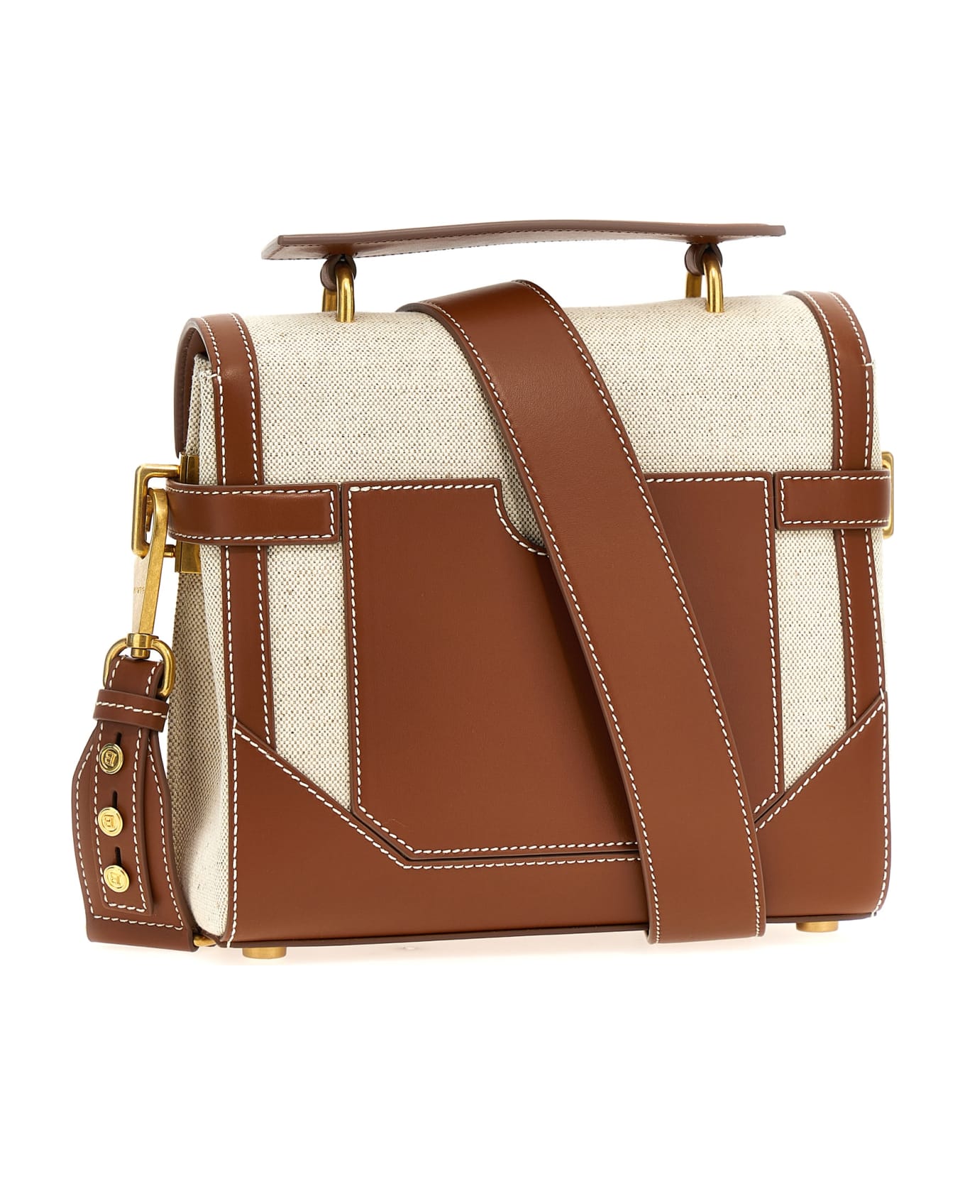 Balmain Beige B-buzz 23 Bag In Canvas And Leather - Brown