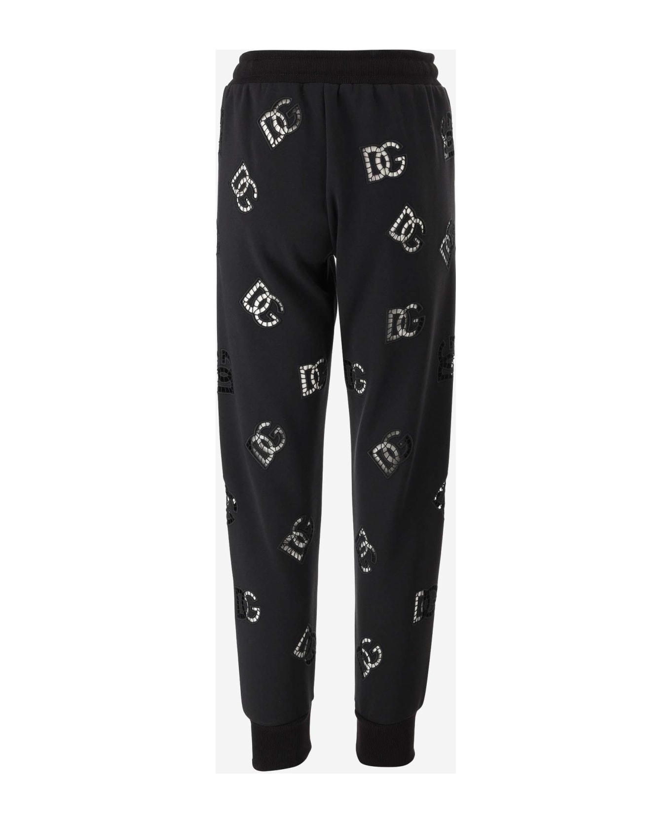 Dolce & Gabbana Cotton Blend Jersey Pants With Cut Out Embroidery - Black