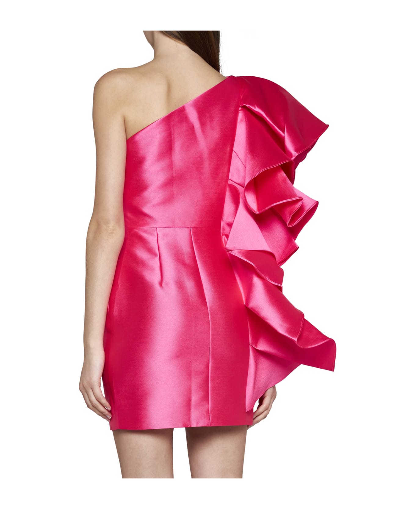 Solace London Fuchsia Mini Dress With Ruffles At The Side In Techno Fabric Woman - Ultra pink