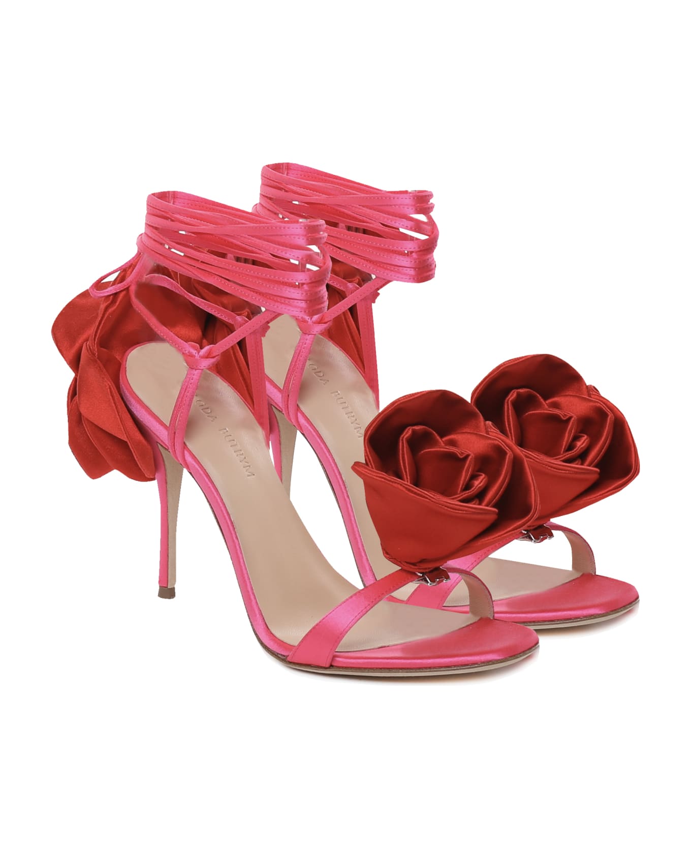 Magda Butrym Double Red Flower Heel Sandals In Fuchsia Satin - Pink