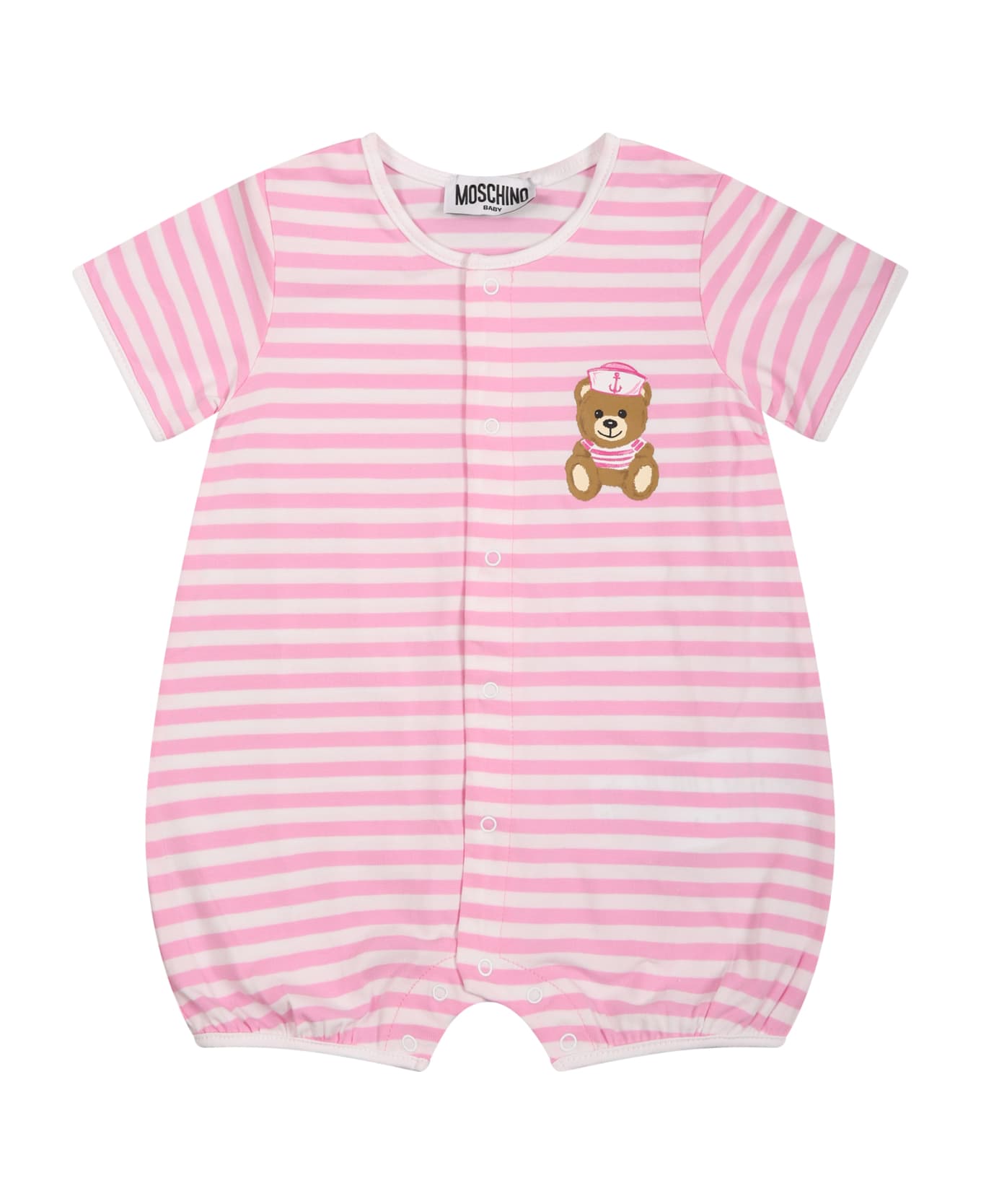 Moschino Multicolor Romper For Baby Girl With Teddy Bear And Logo - Pink